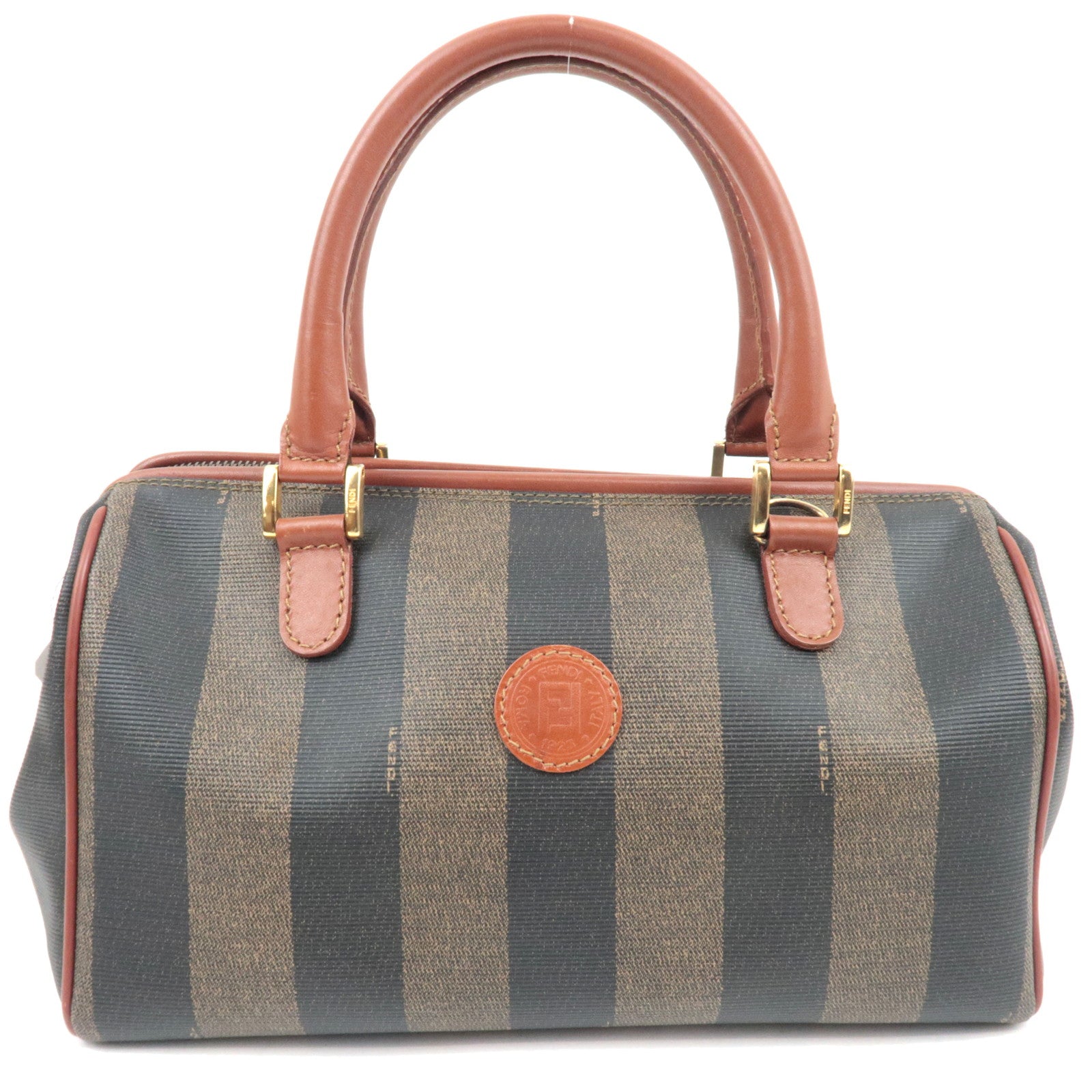 FENDI Pequin Boston Bag PVC Leather Khaki Black Brown81145