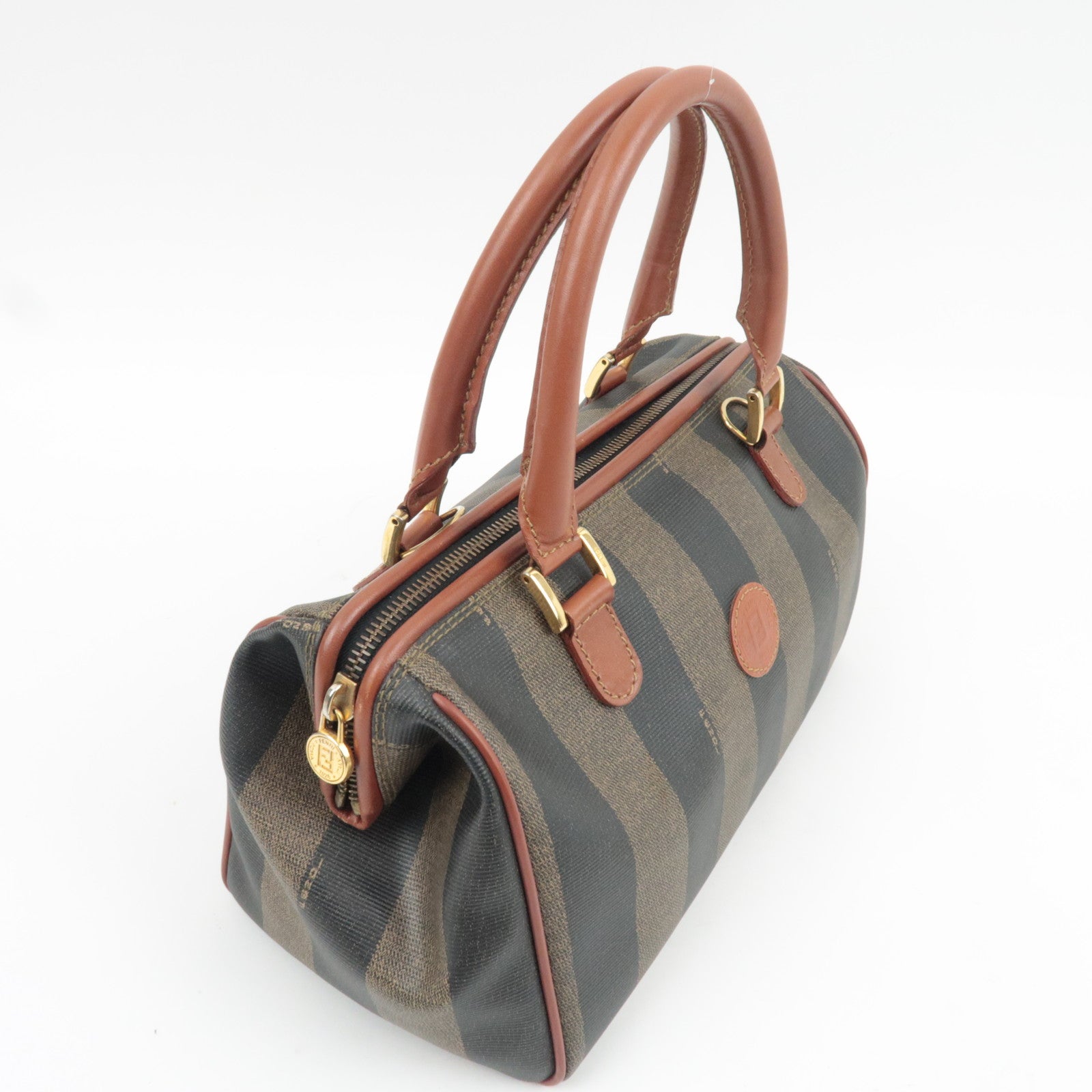 FENDI Pequin Boston Bag PVC Leather Khaki Black Brown