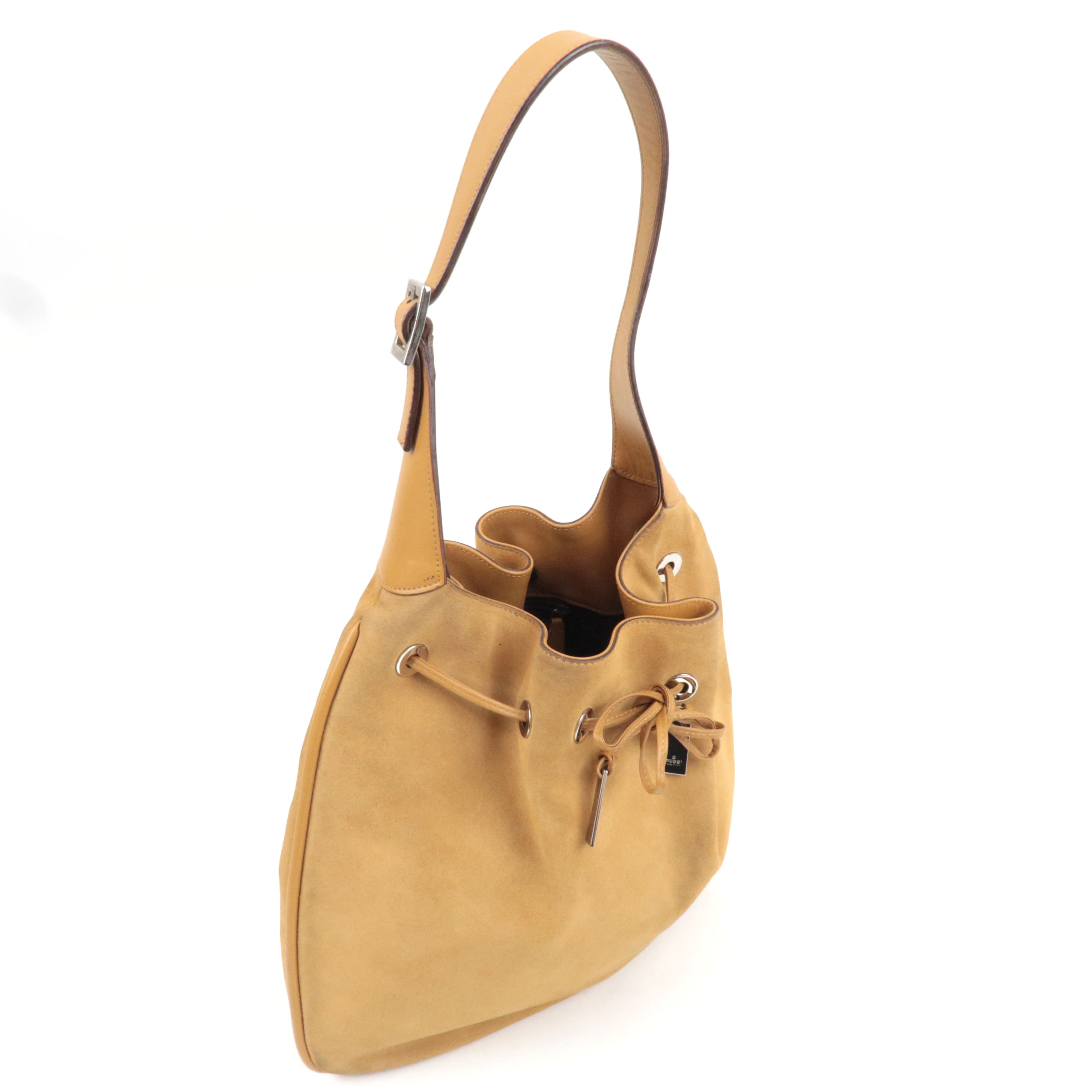 GUCCI Drawstring One Shoulder Bag Suede Leather Light Brown 001.4030 *Dust bag