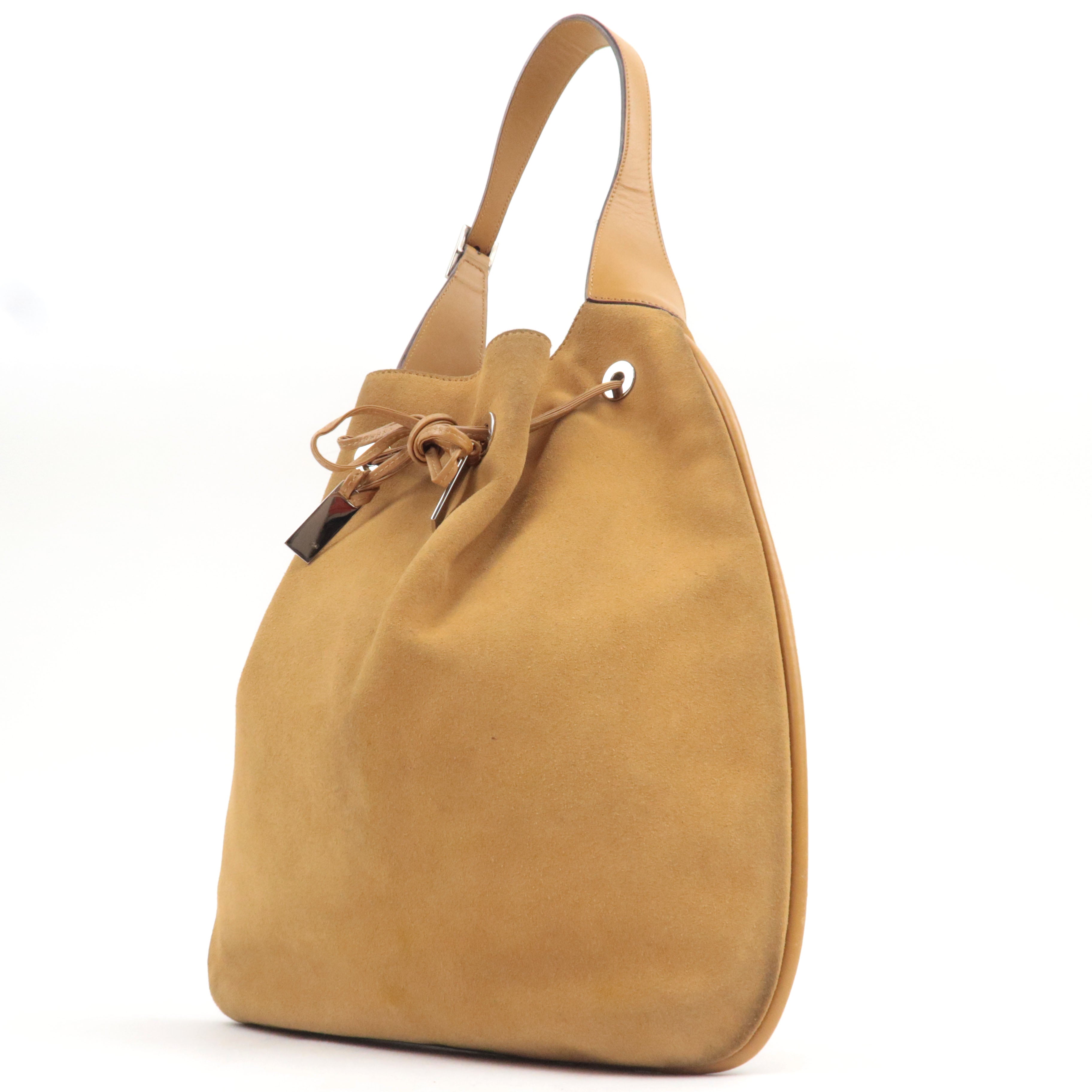 GUCCI Drawstring One Shoulder Bag Suede Leather Light Brown 001.4030 *Dust bag