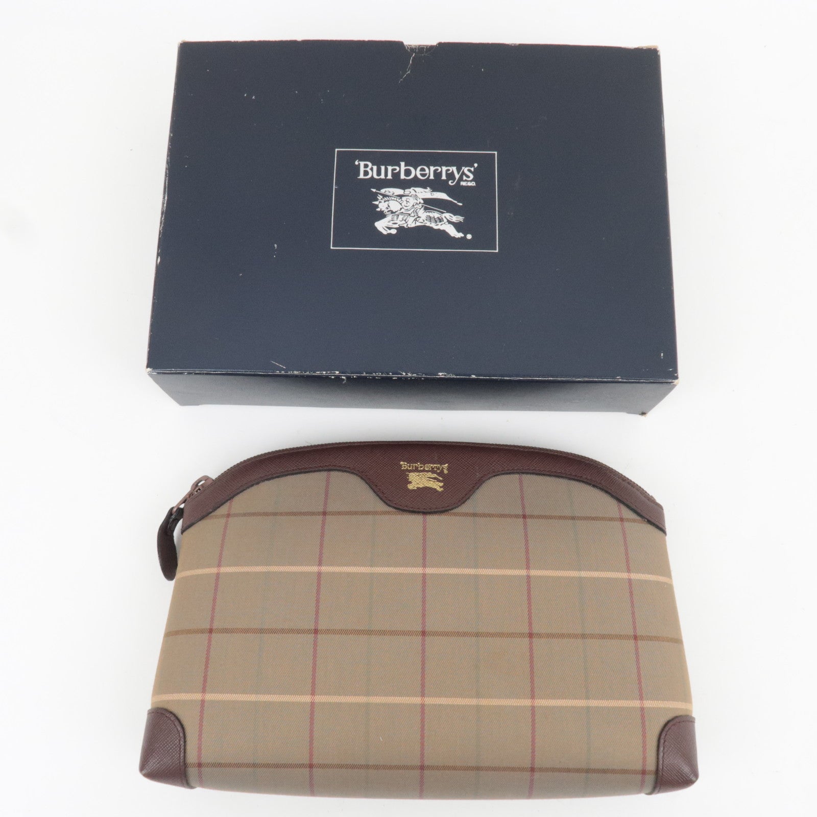 BURBERRY Burberry's Plaid Pouch Canvas Leather Khaki Brown *Box