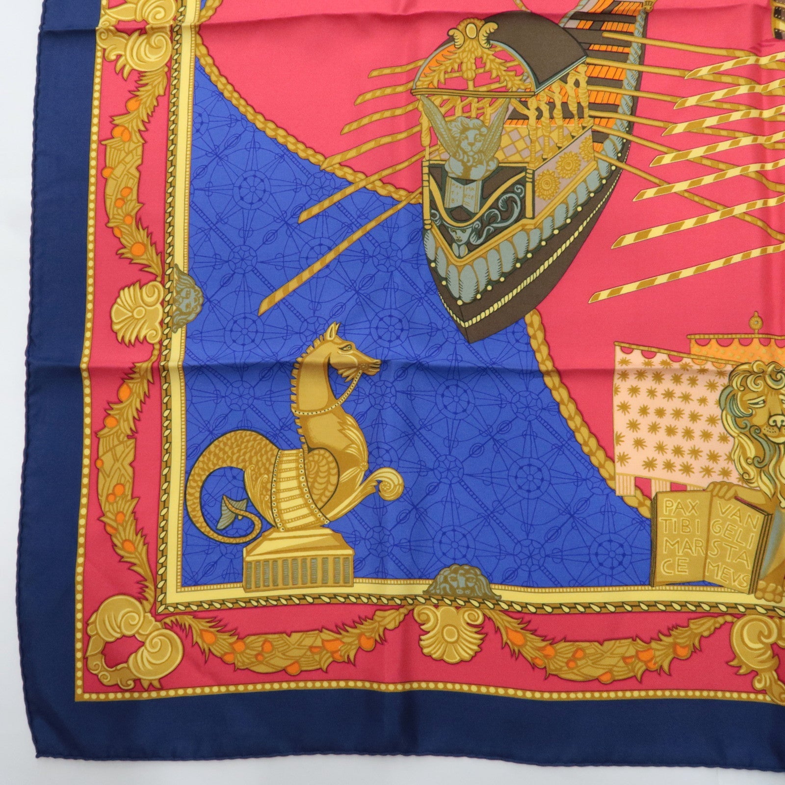 HERMES Carre 90 Scarf Les Bissone De Venise 100% Silk Red Navy