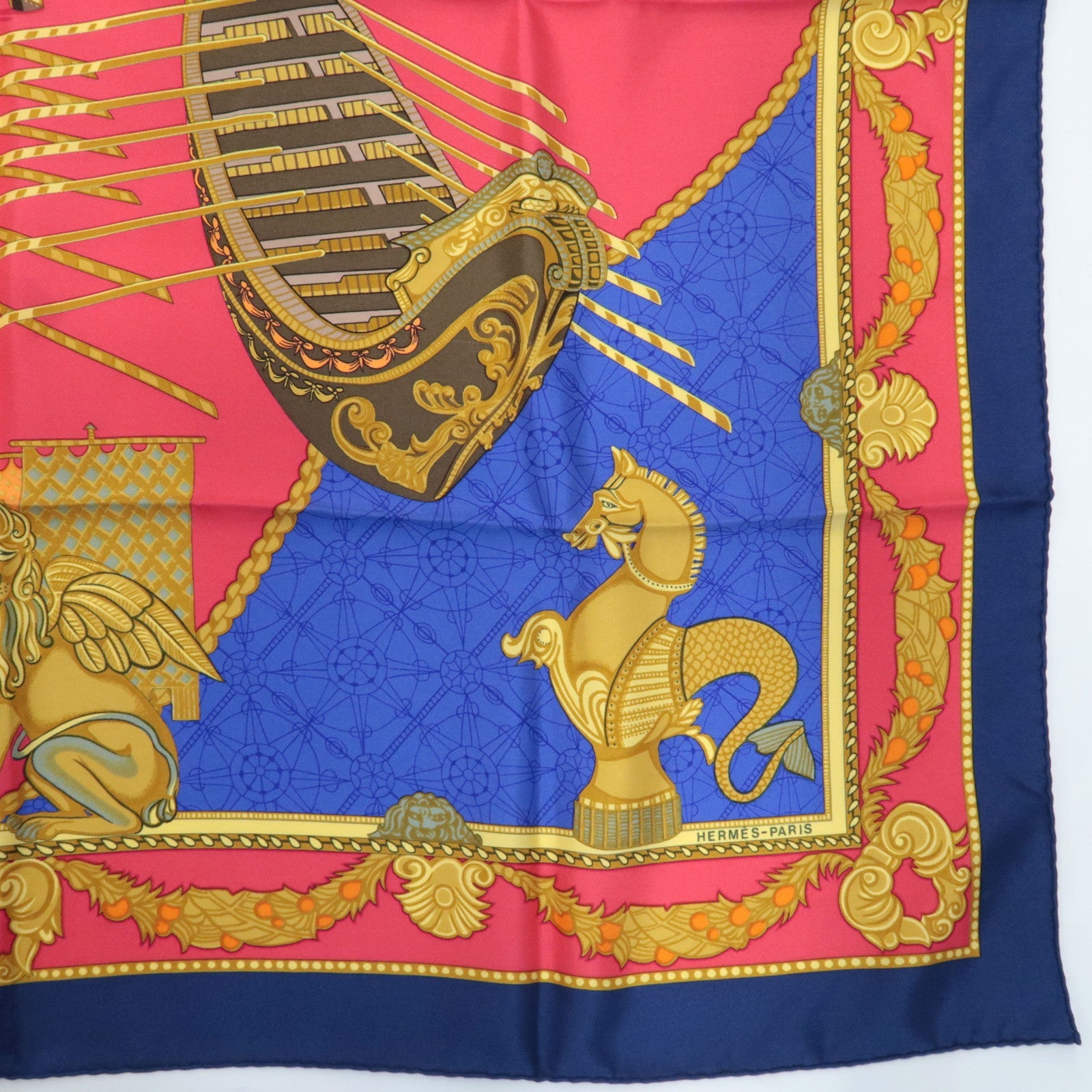 HERMES Carre 90 Scarf Les Bissone De Venise 100% Silk Red Navy