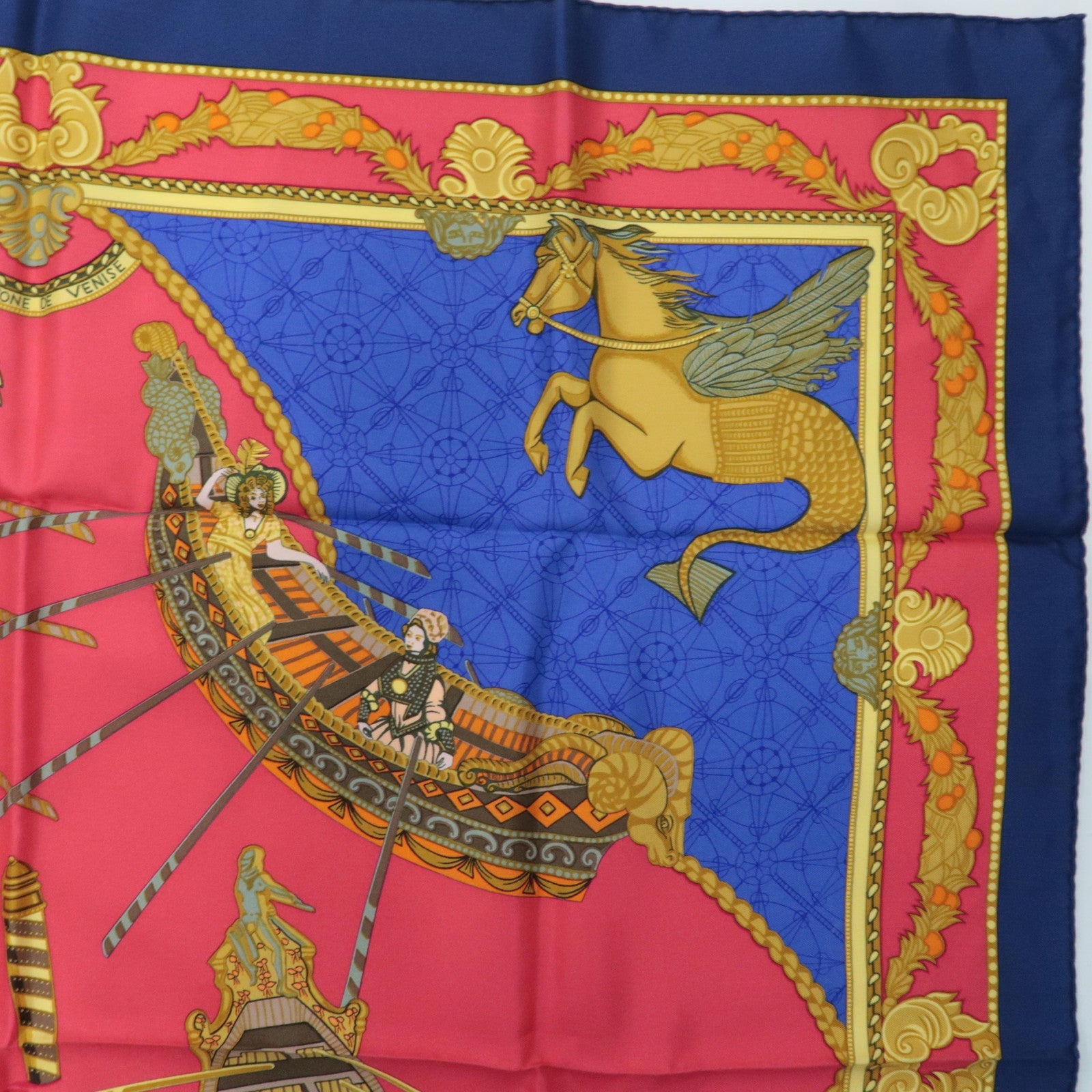 HERMES Carre 90 Scarf Les Bissone De Venise 100% Silk Red Navy