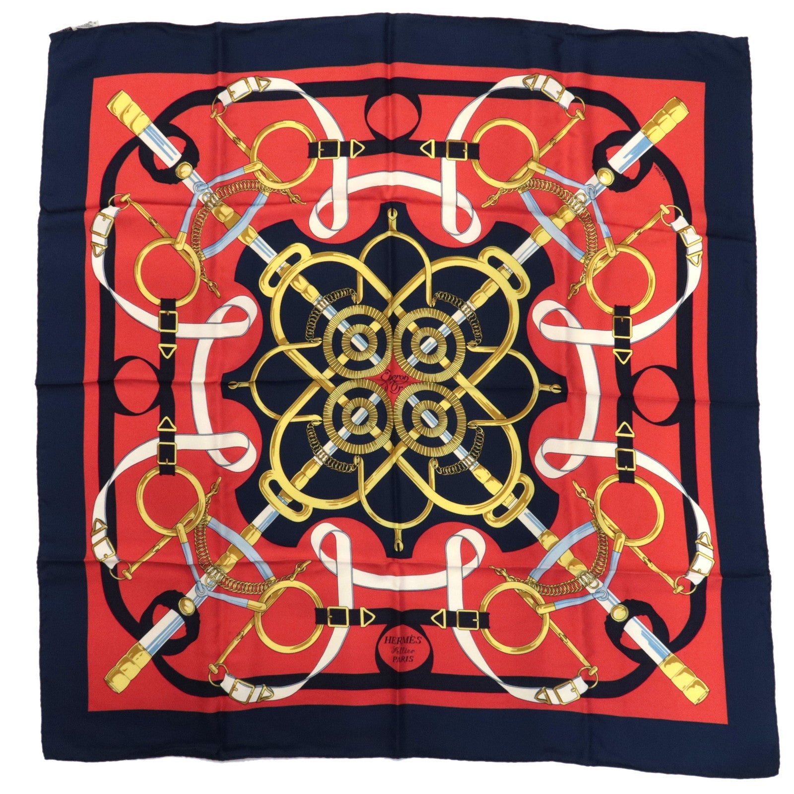 HERMES Carre 90 Scarf Eperon d'or 100% Silk *Red Navy81193