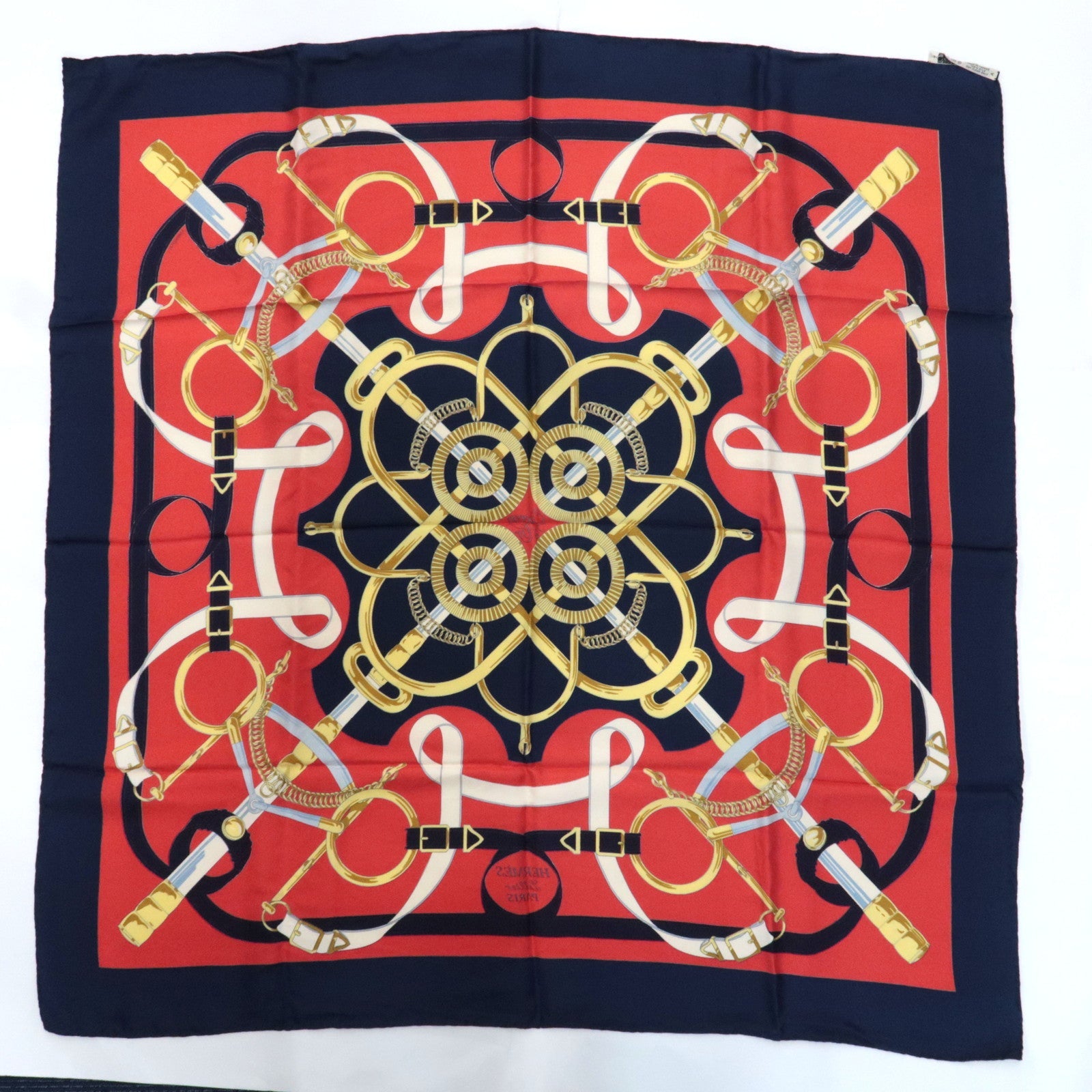 HERMES Carre 90 Scarf Eperon d'or 100% Silk *Red Navy