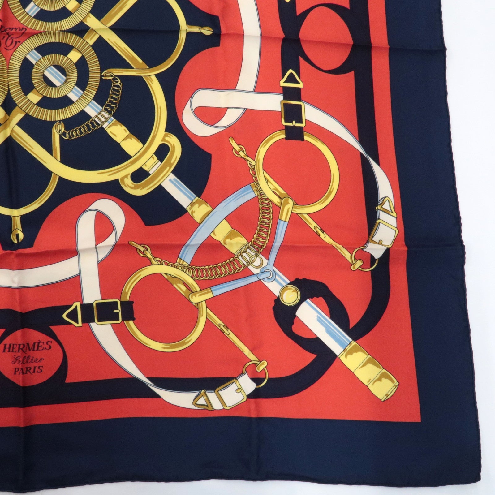 HERMES Carre 90 Scarf Eperon d'or 100% Silk *Red Navy