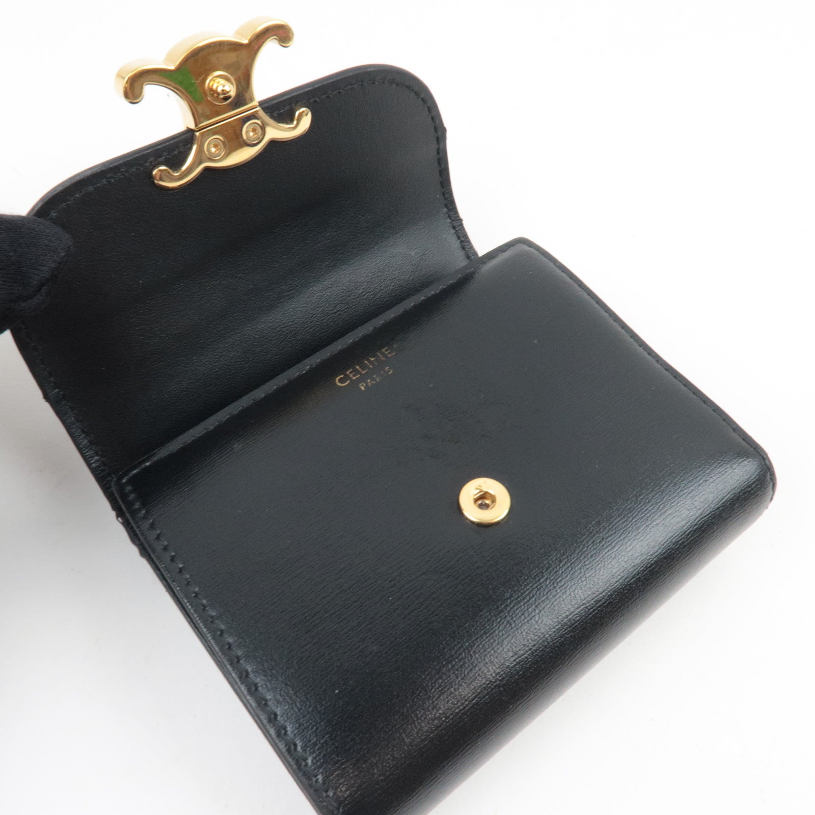 CELINE Triomphe Tri-Fold Wallet Leather Black Gold HDW *Box