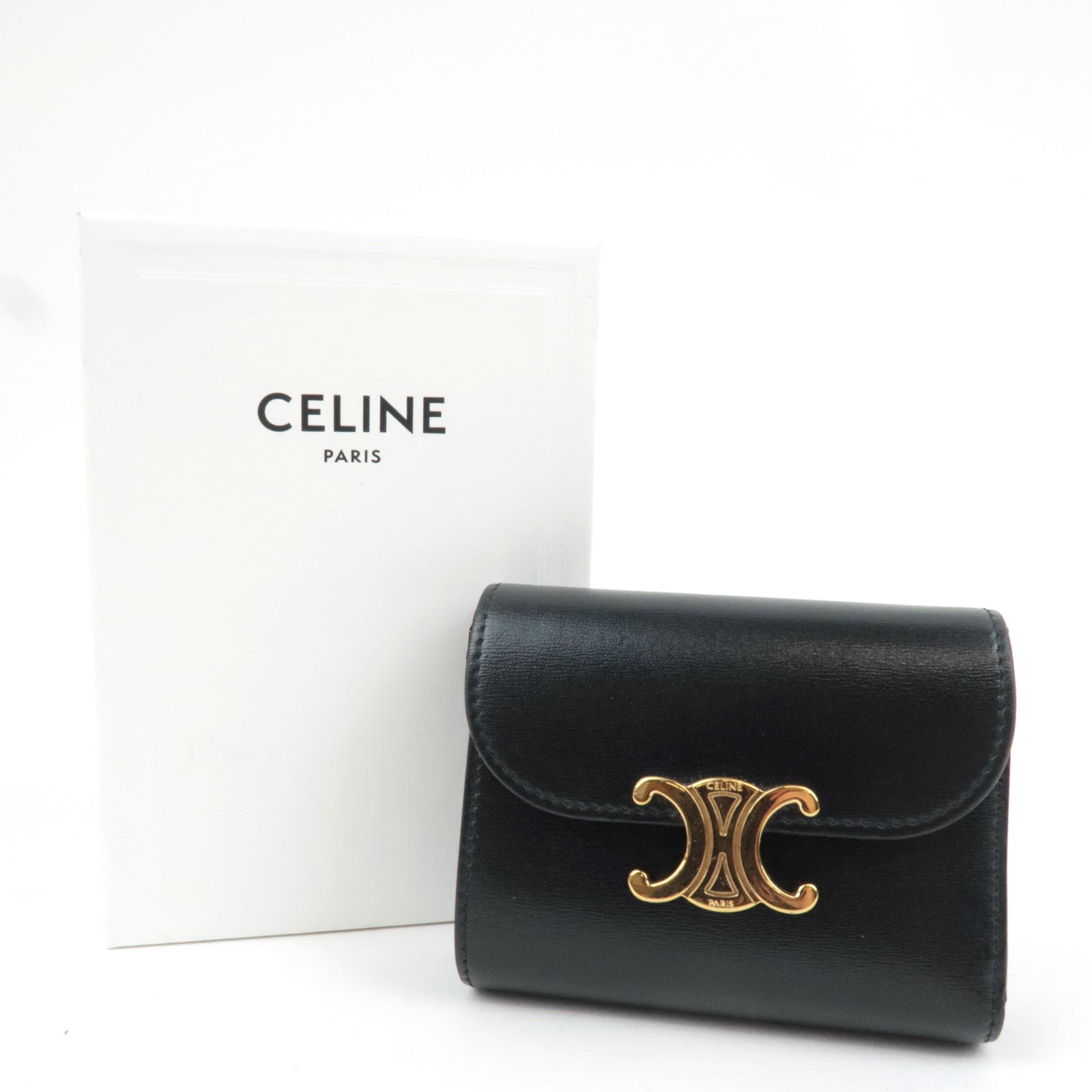 CELINE Triomphe Tri-Fold Wallet Leather Black Gold HDW *Box