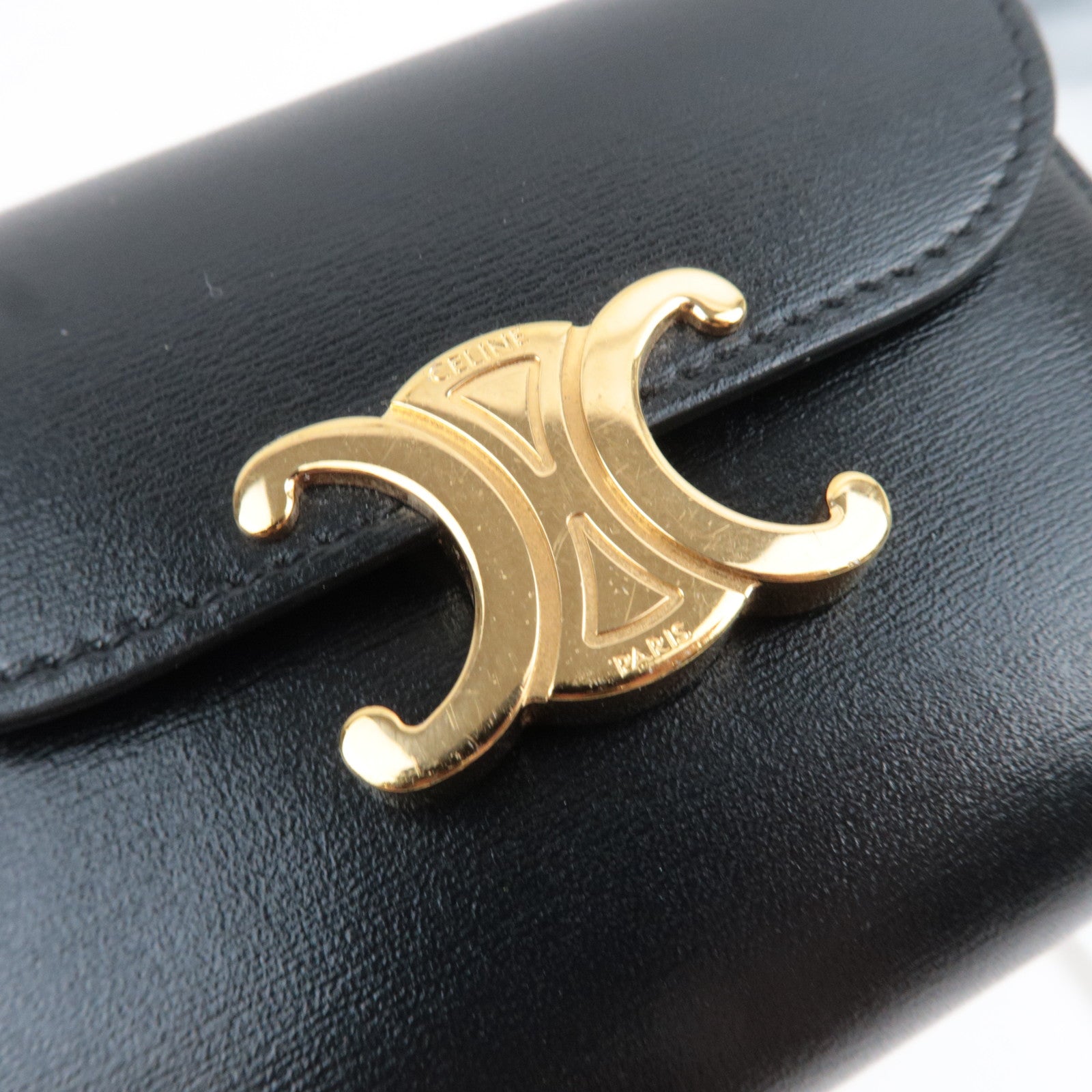 CELINE Triomphe Tri-Fold Wallet Leather Black Gold HDW *Box