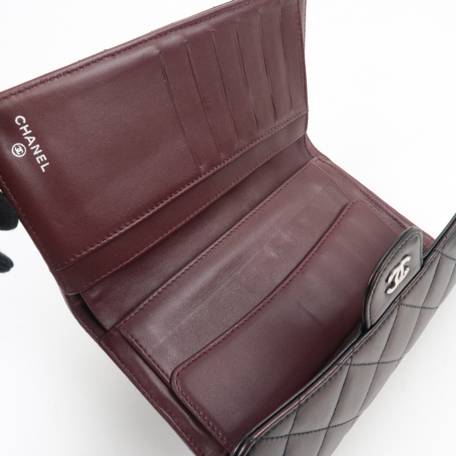 CHANEL Matelasse Tri-Fold Long Wallet Lambskin Black Silver HDW 14212311 *G card