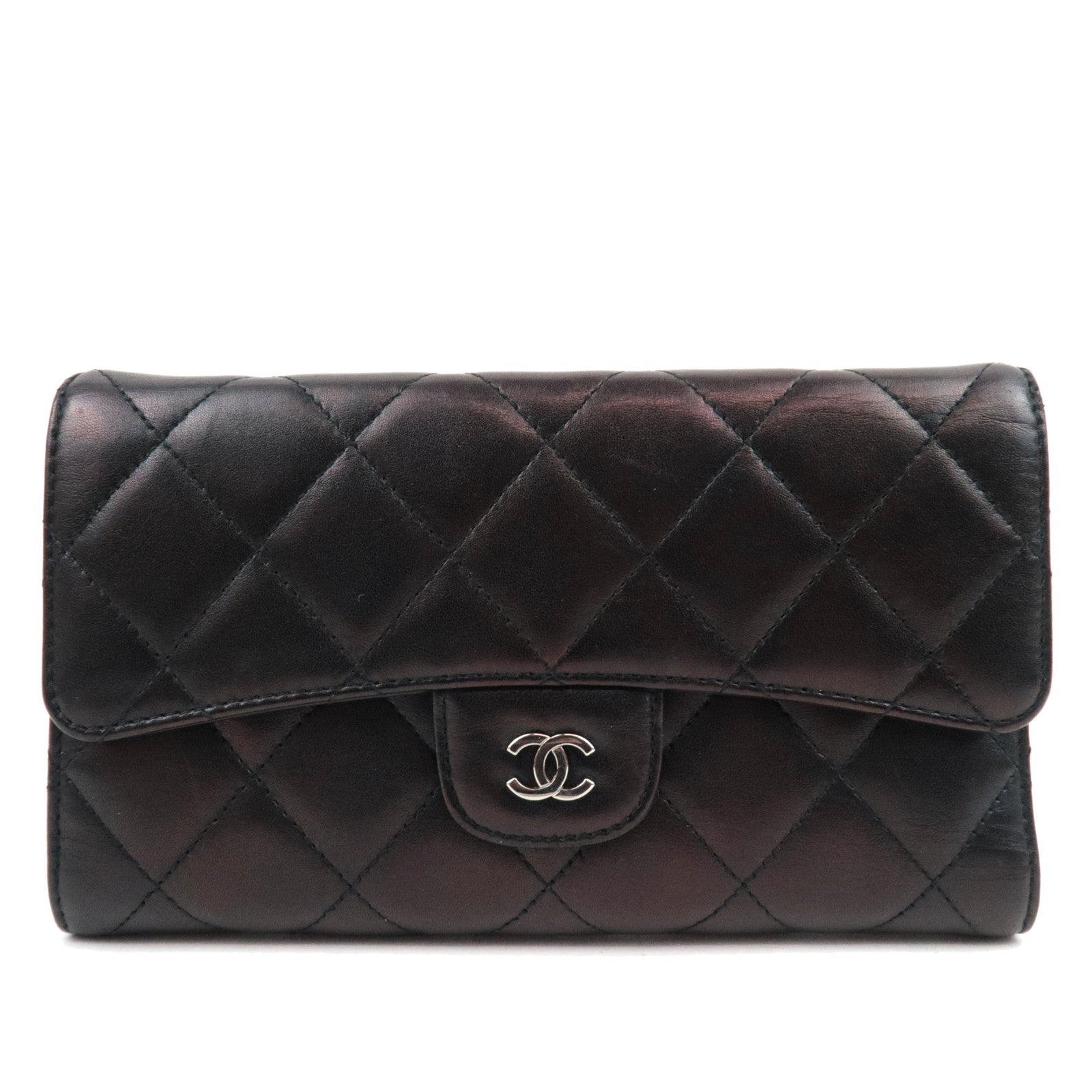 CHANEL Matelasse Tri-Fold Long Wallet Lambskin Black Silver HDW 14212311 *G card81216