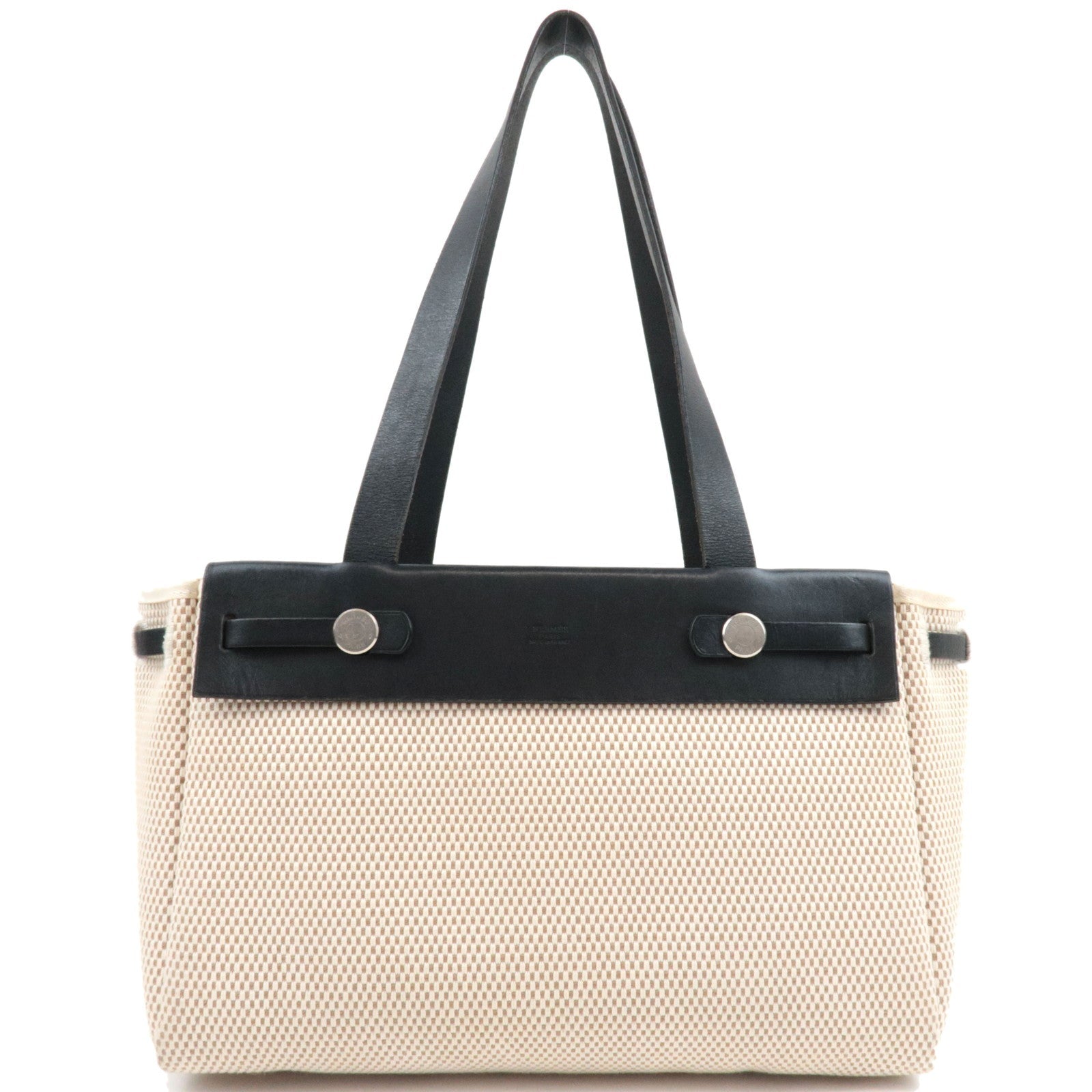 HERMES Her Bag Cabas PM □H Stamp (2004) Canvas Leather Beige Black *Spare bag81238