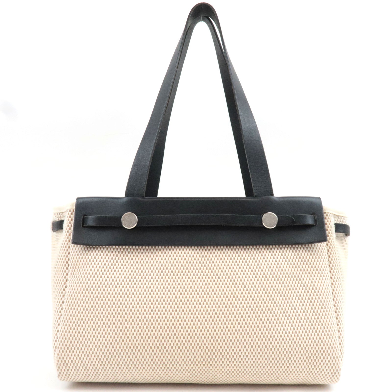 HERMES Her Bag Cabas PM □H Stamp (2004) Canvas Leather Beige Black *Spare bag