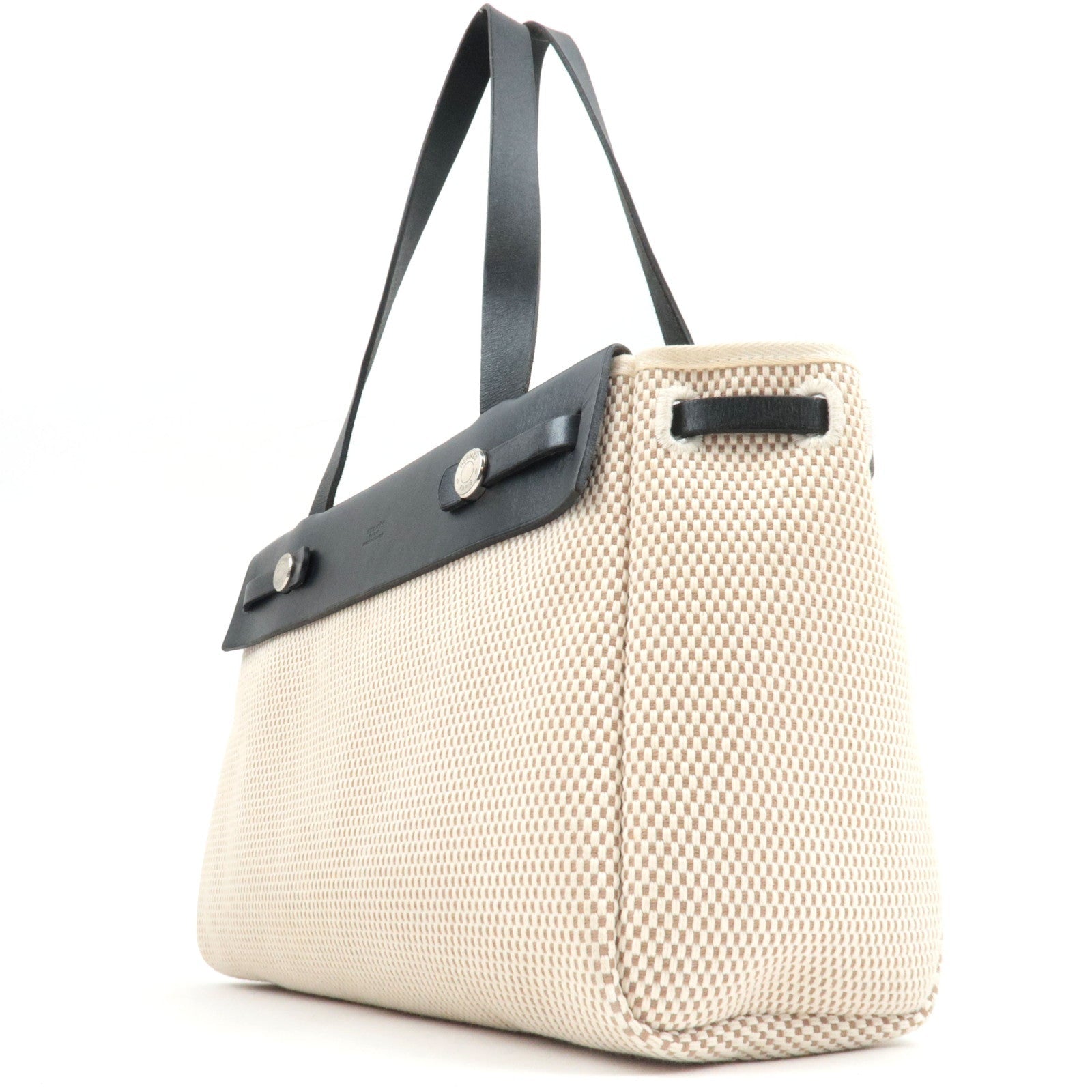 HERMES Her Bag Cabas PM □H Stamp (2004) Canvas Leather Beige Black *Spare bag