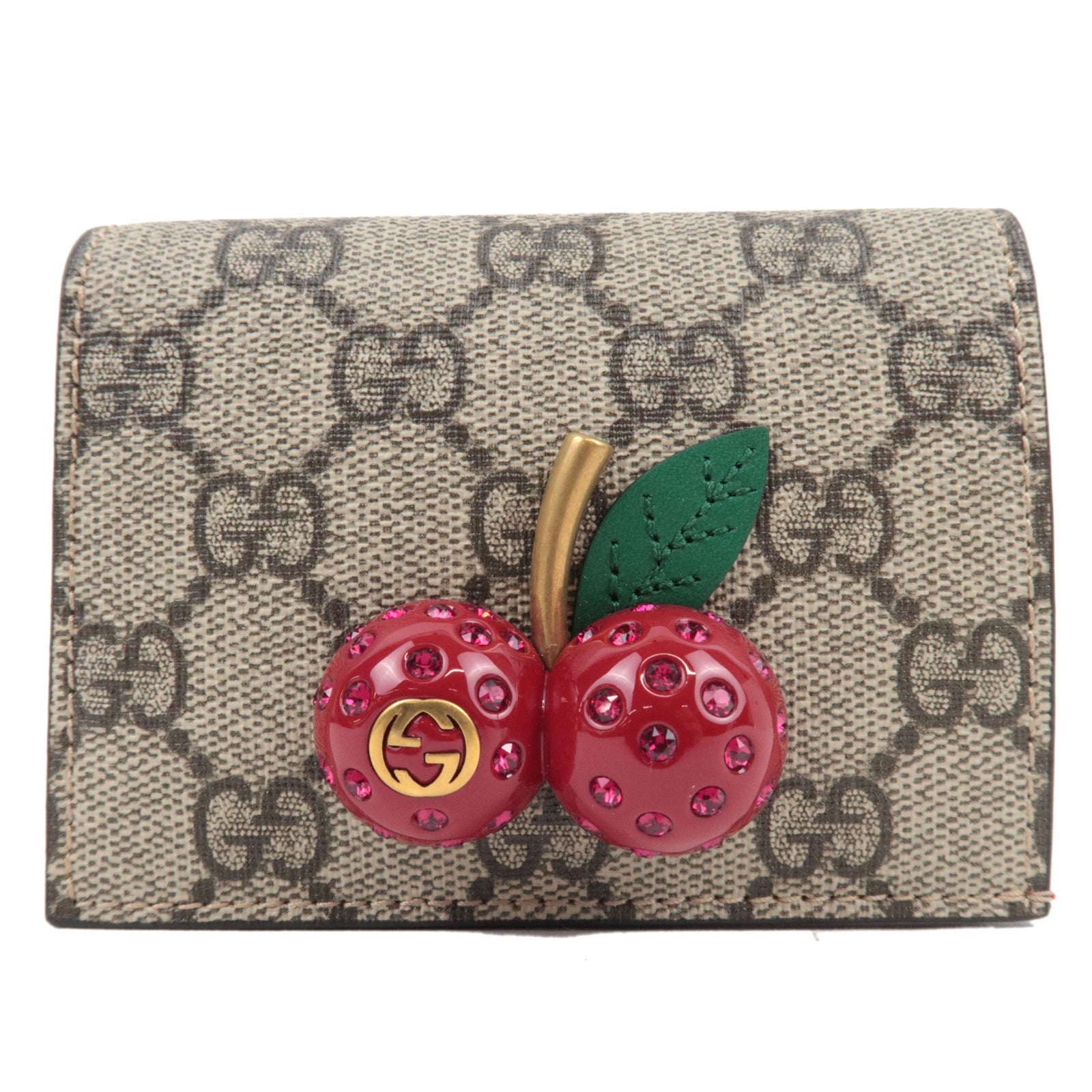 GUCCI GG Supreme Cherry Bifold Wallet Beige Red 476050 *Box, Dust bag81266