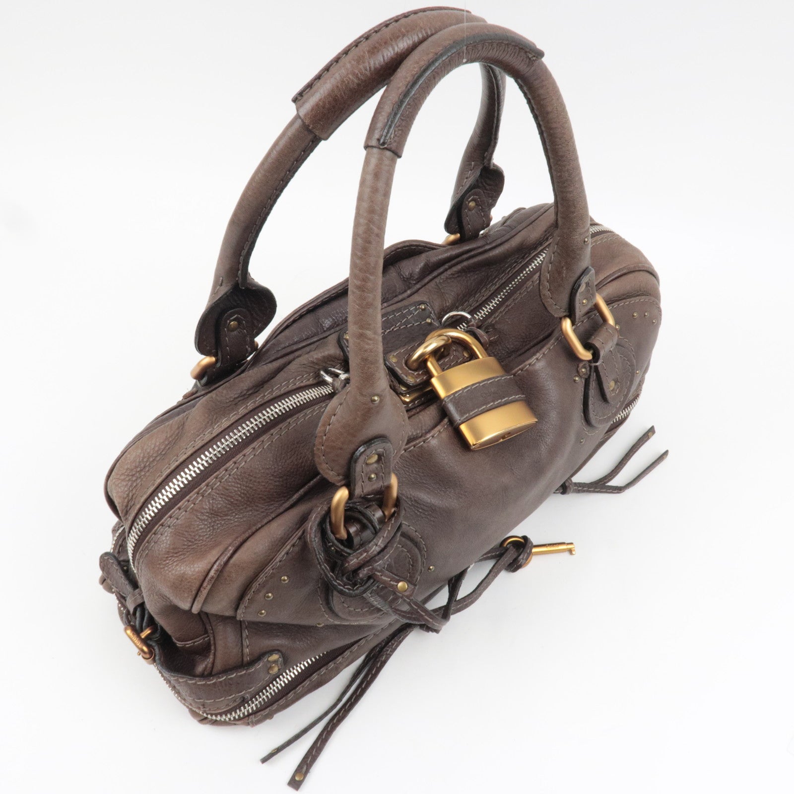 Chloe Paddington Large Double Zipper Bowling Handbag Leather Brown *Key Lock