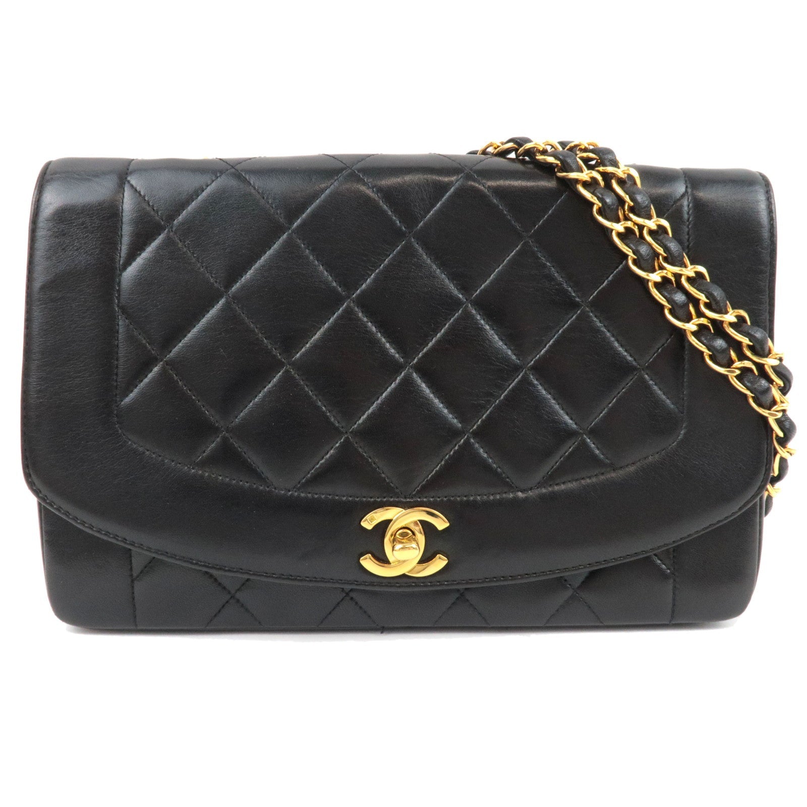 CHANEL Matelasse Diana 25 Chain Shoulder Bag Lambskin Black Gold HDW 28536885 *Dust bag, G card81463
