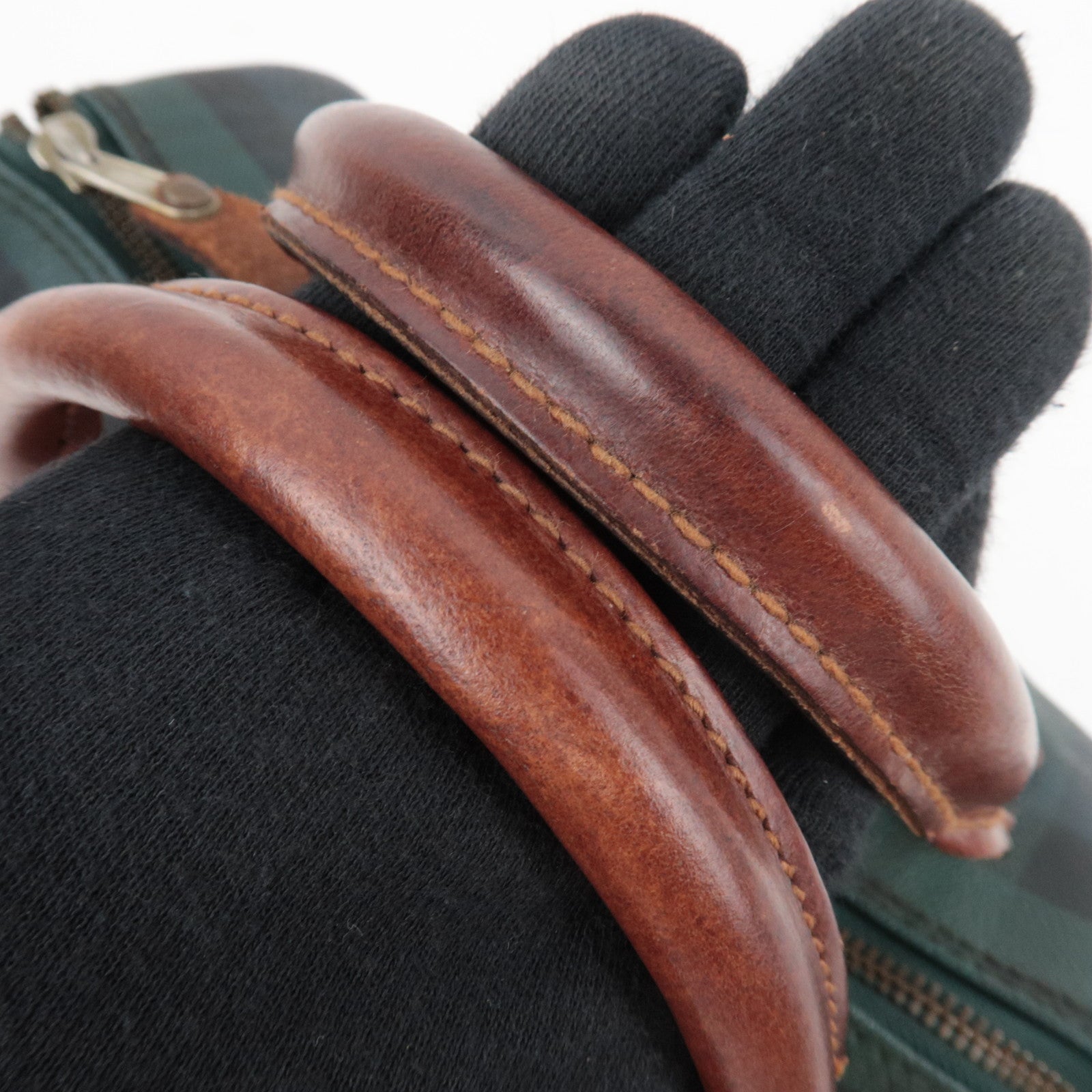 Polo Ralph Lauren Plaid Boston Bag PVC Leather Navy Green *Name tag, Brush