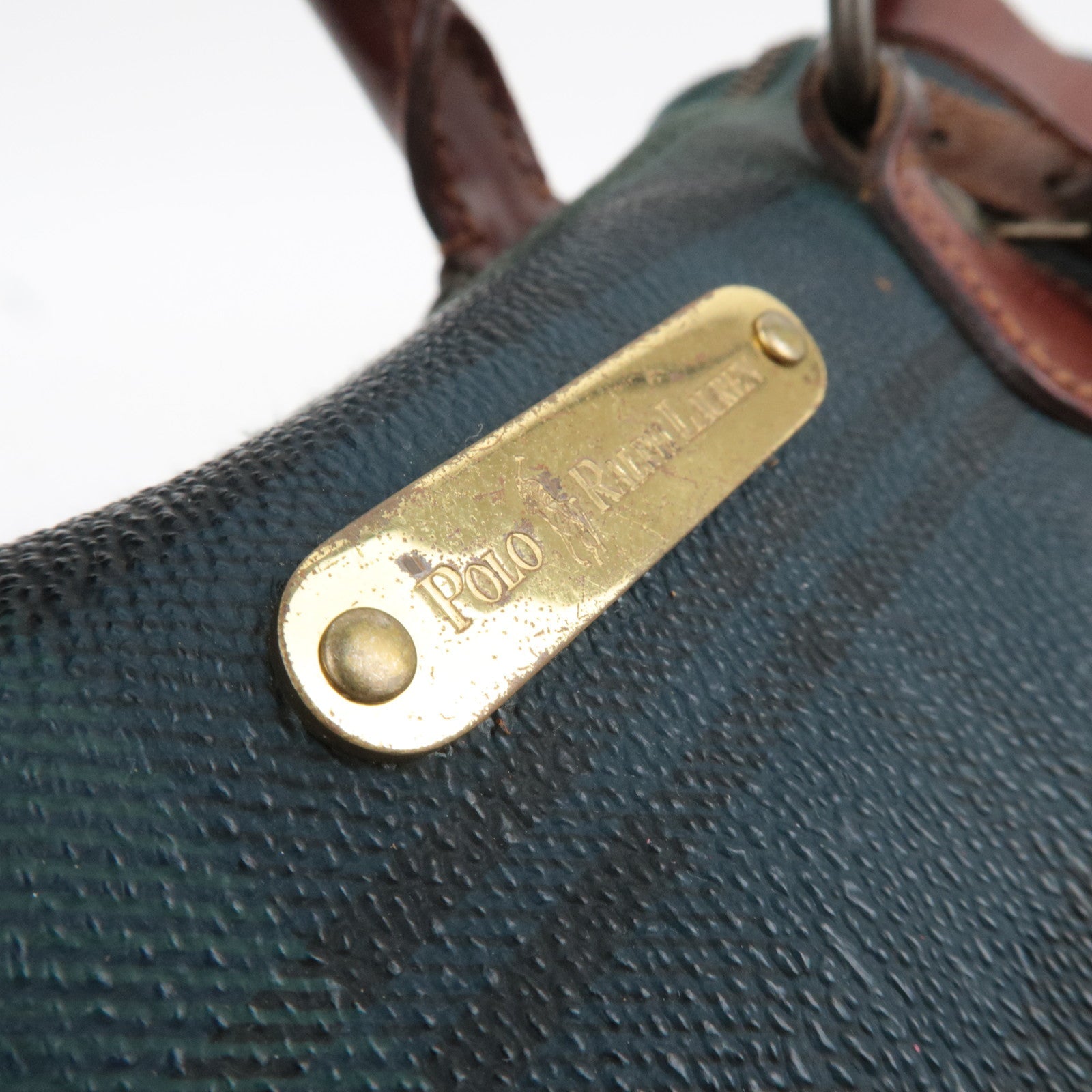 Polo Ralph Lauren Plaid Boston Bag PVC Leather Navy Green *Name tag, Brush