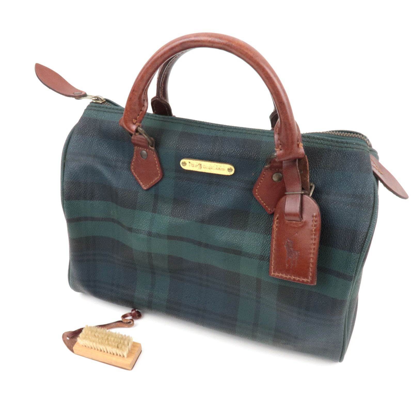 Polo Ralph Lauren Plaid Boston Bag PVC Leather Navy Green *Name tag, Brush