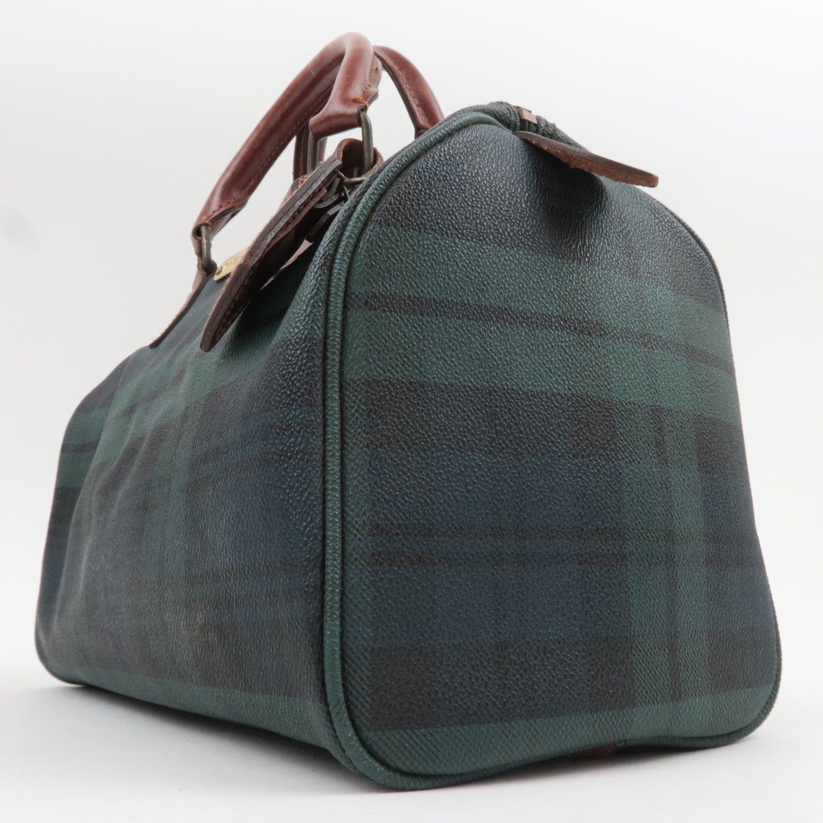 Polo Ralph Lauren Plaid Boston Bag PVC Leather Navy Green *Name tag, Brush
