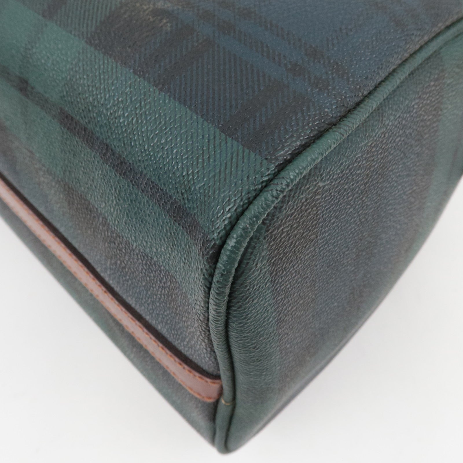 Polo Ralph Lauren Plaid Boston Bag PVC Leather Navy Green *Name tag, Brush