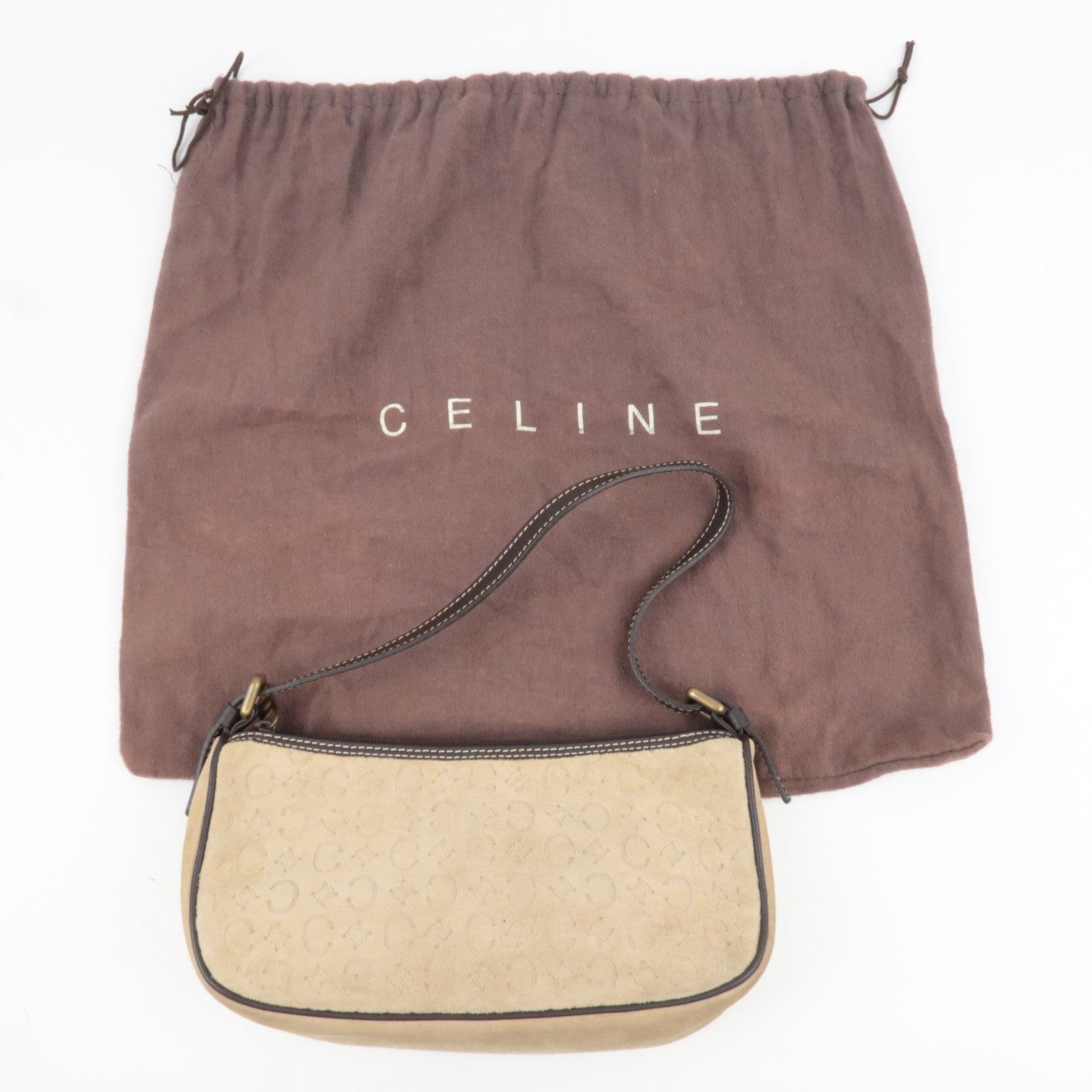 CELINE C Macadam Handbag Suede Leather Beige Brown *Dust bag