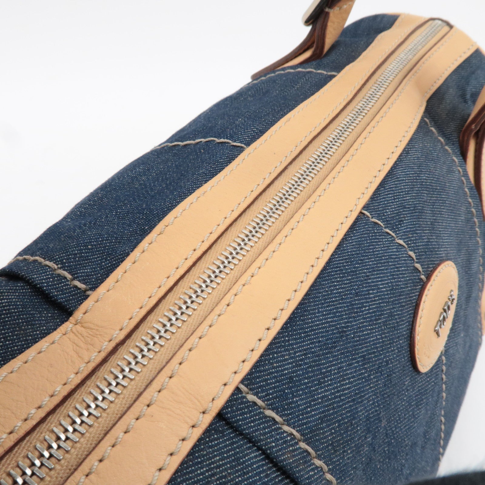 TOD'S Boston Bag Denim Leather Blue Beige *Dust bag