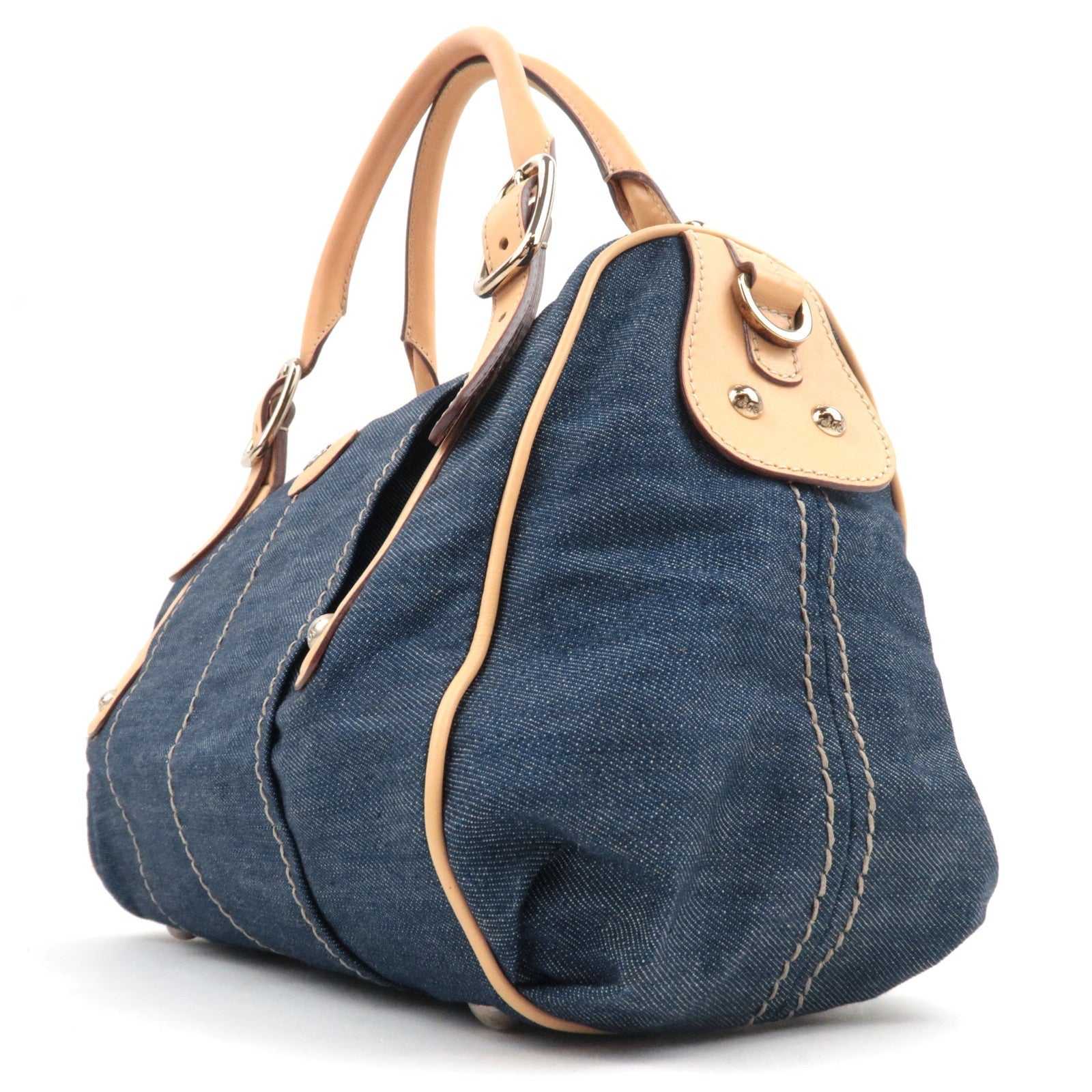TOD'S Boston Bag Denim Leather Blue Beige *Dust bag