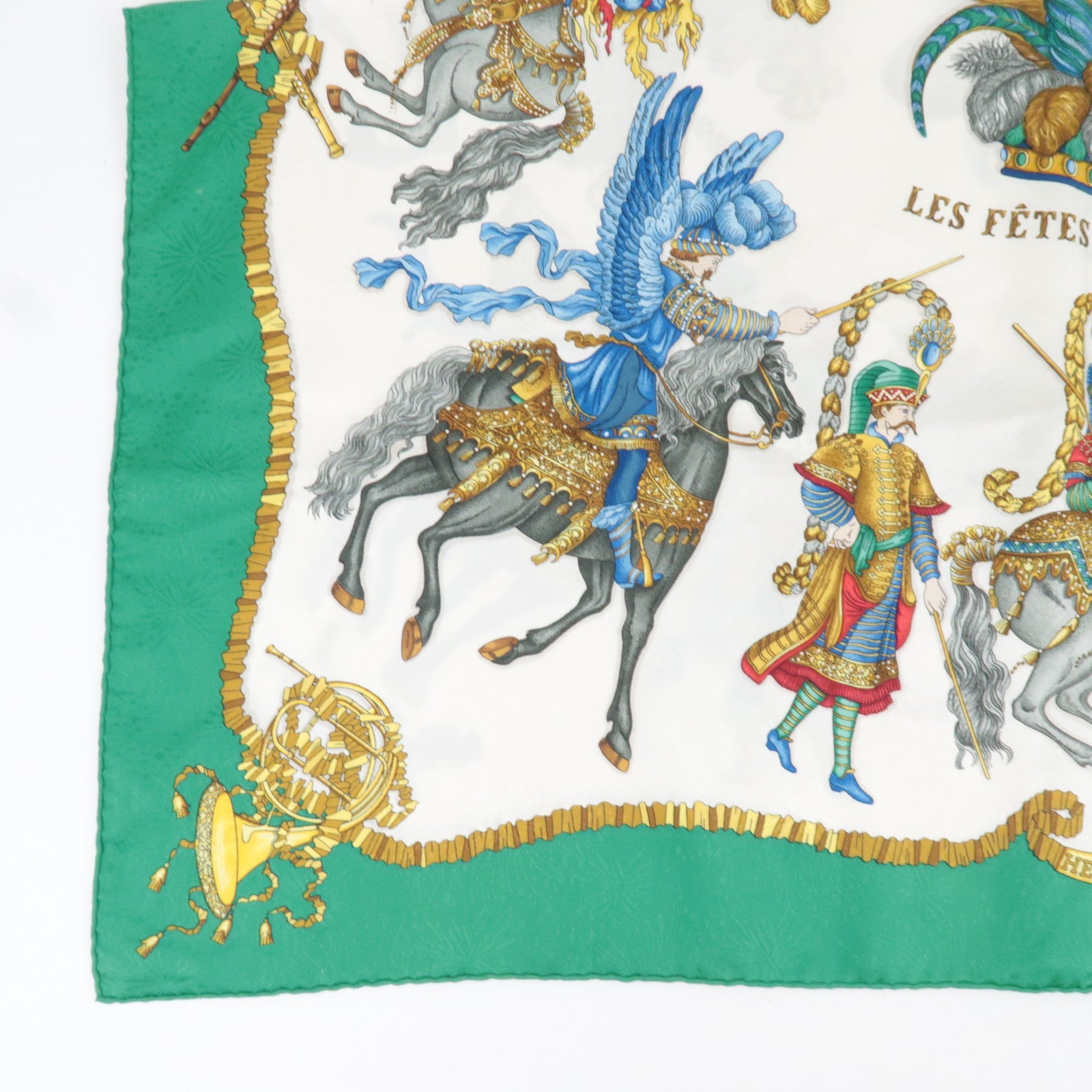 HERMES Carre 90 Scarf LES FETES DU ROI SOLEIL 100% Silk Green White