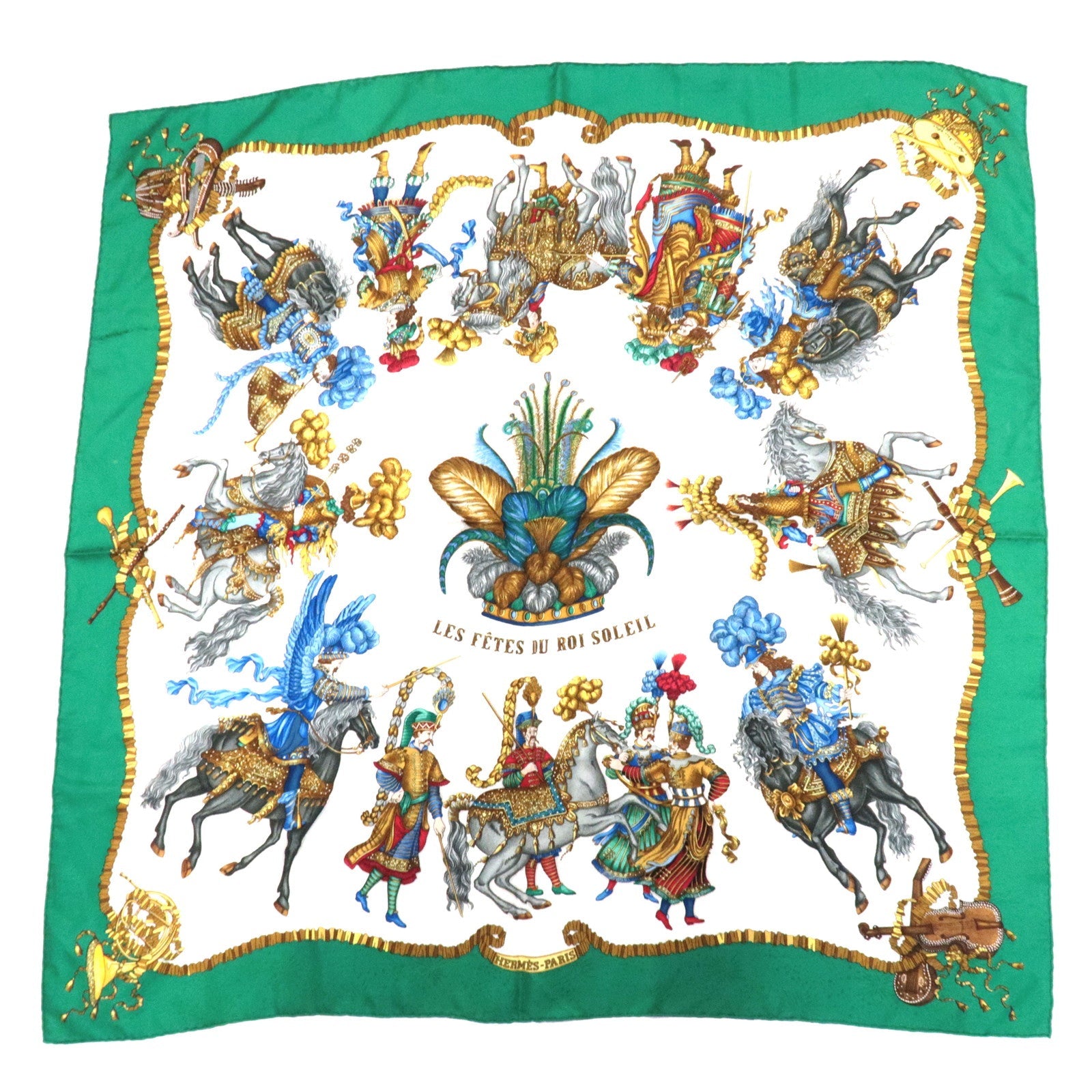 HERMES Carre 90 Scarf LES FETES DU ROI SOLEIL 100% Silk Green White81495