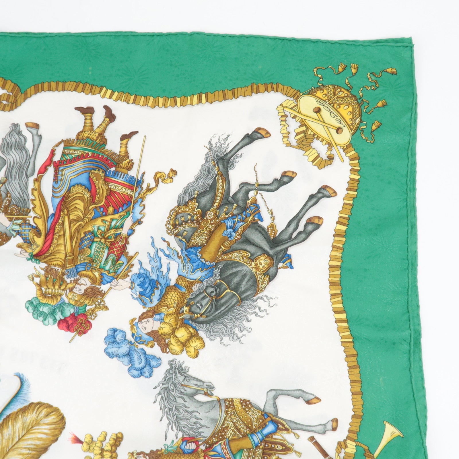 HERMES Carre 90 Scarf LES FETES DU ROI SOLEIL 100% Silk Green White