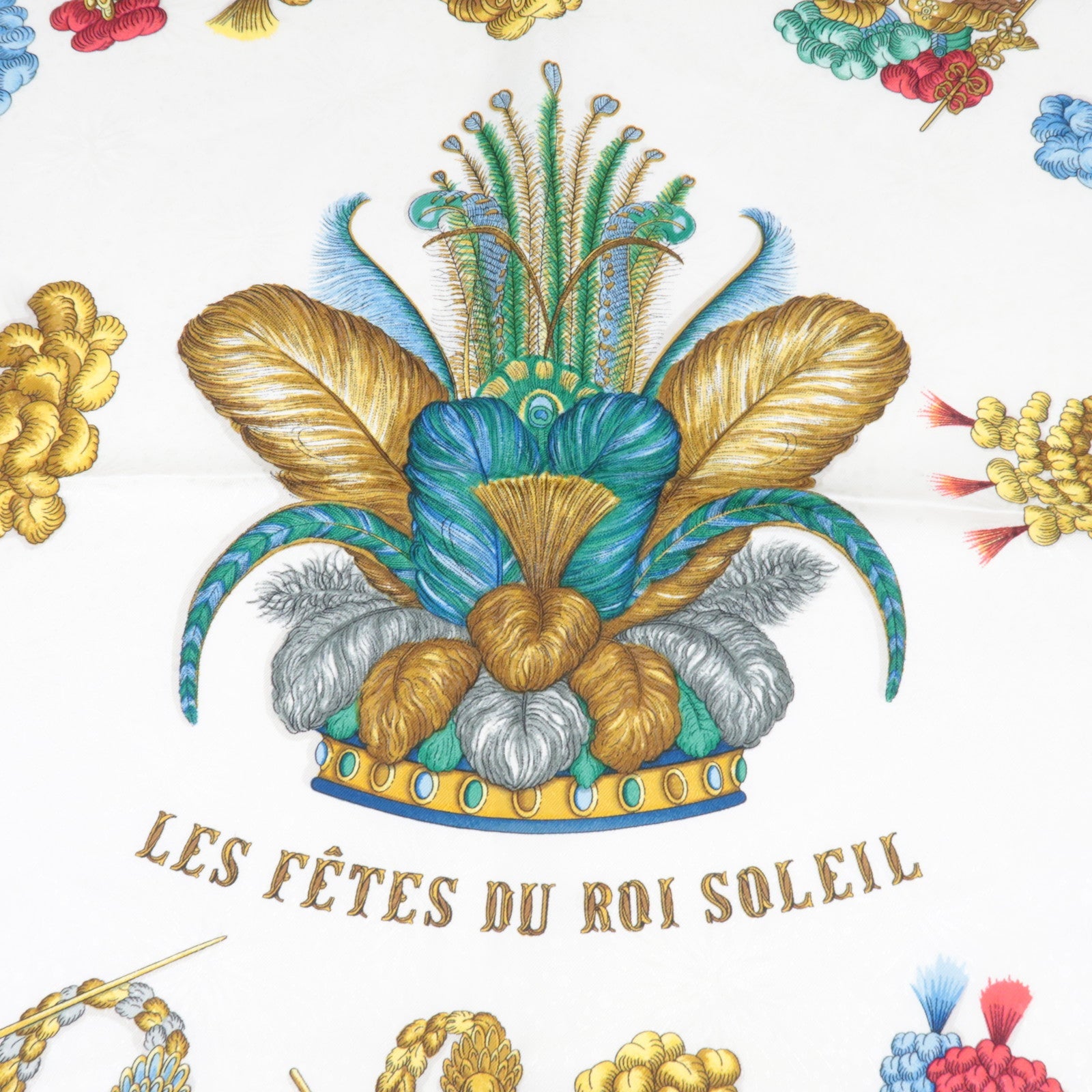 HERMES Carre 90 Scarf LES FETES DU ROI SOLEIL 100% Silk Green White