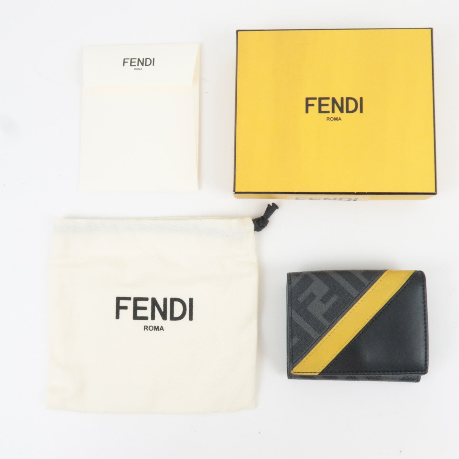 FENDI Zucca Diagonal Compact Tri-Fold Wallet Leather Black Yellow 7M0280 *Box, Dust bag