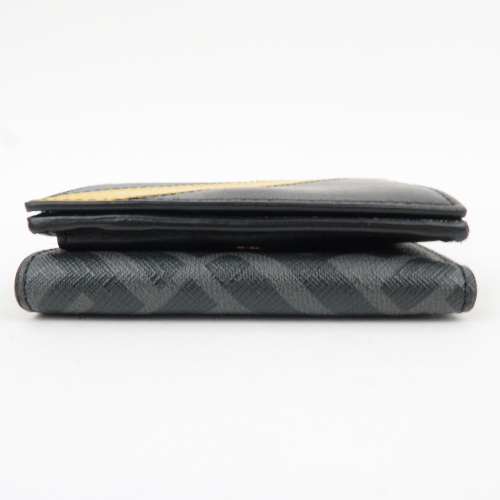 FENDI Zucca Diagonal Compact Tri-Fold Wallet Leather Black Yellow 7M0280 *Box, Dust bag