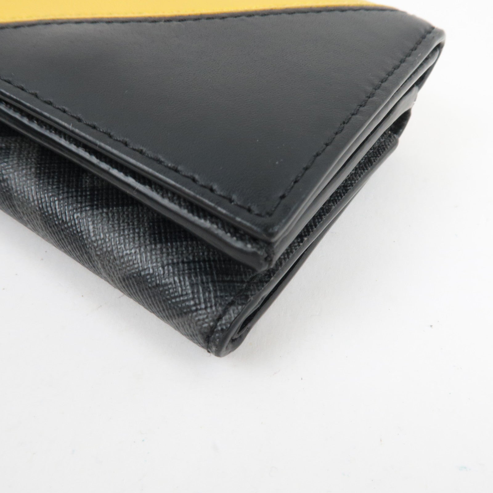 FENDI Zucca Diagonal Compact Tri-Fold Wallet Leather Black Yellow 7M0280 *Box, Dust bag