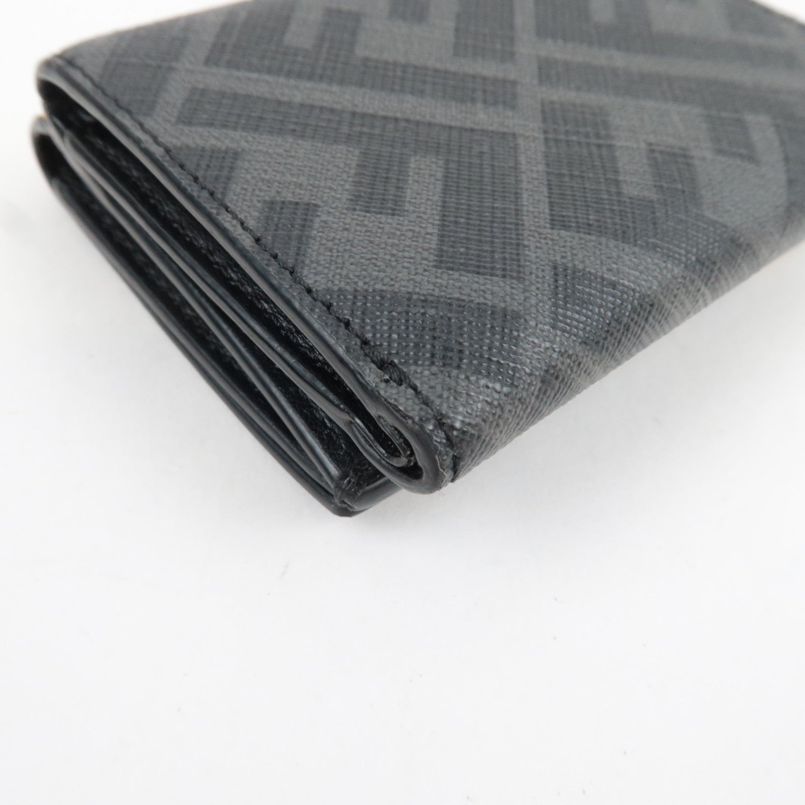 FENDI Zucca Diagonal Compact Tri-Fold Wallet Leather Black Yellow 7M0280 *Box, Dust bag