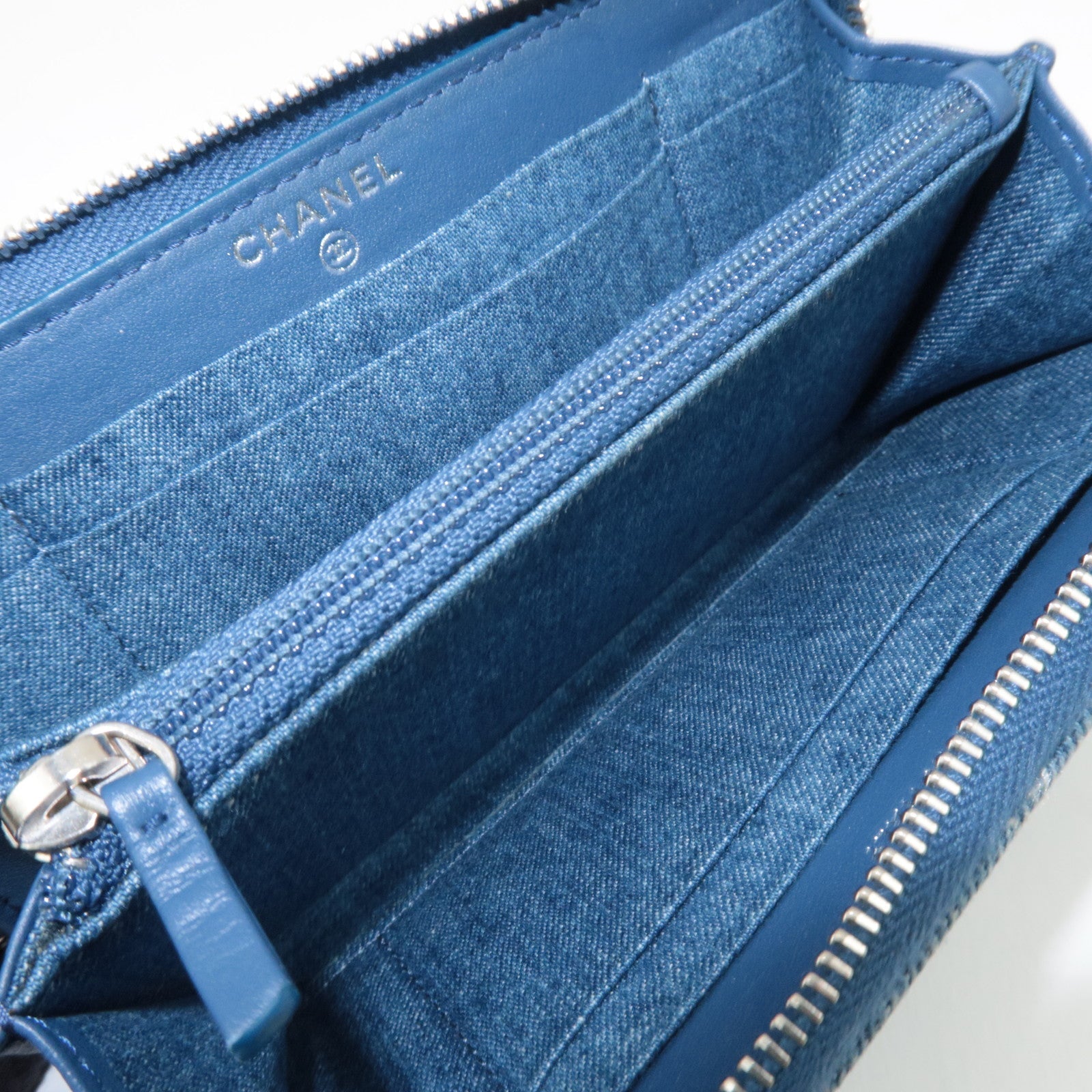 CHANEL Matelasse Round Zipper Long Wallet Denim Blue 27616023 *G card