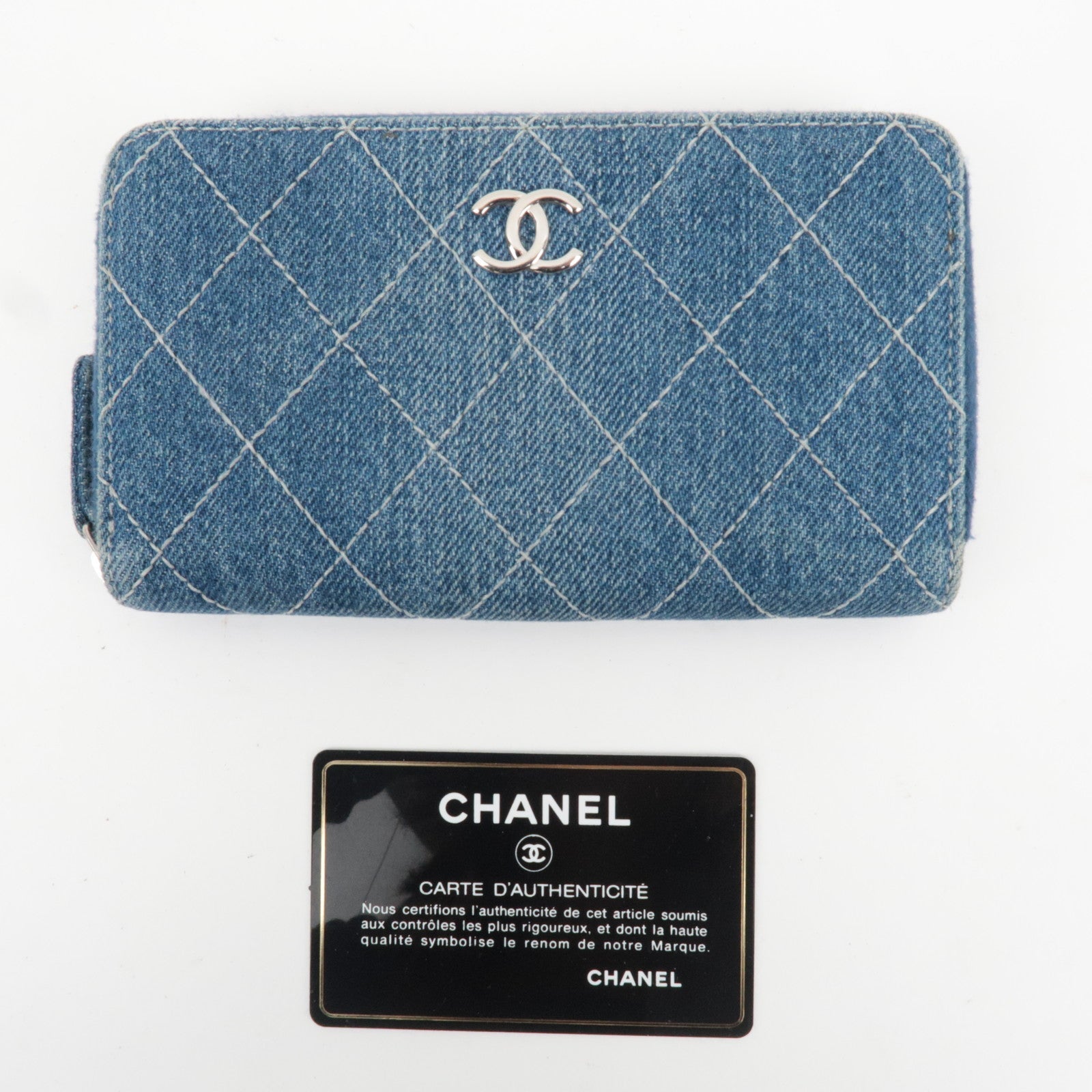 CHANEL Matelasse Round Zipper Long Wallet Denim Blue 27616023 *G card