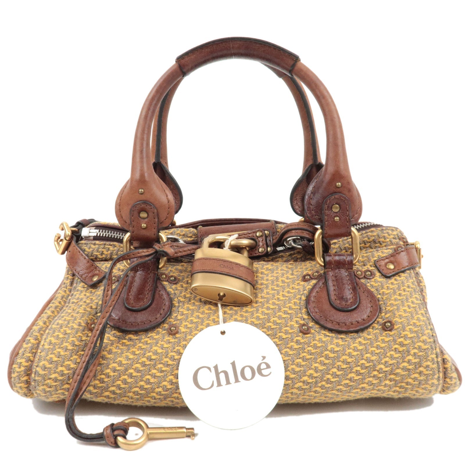 Chloe Paddington Handbag Canvas Leather Beige Gray Brown *Key Lock81546