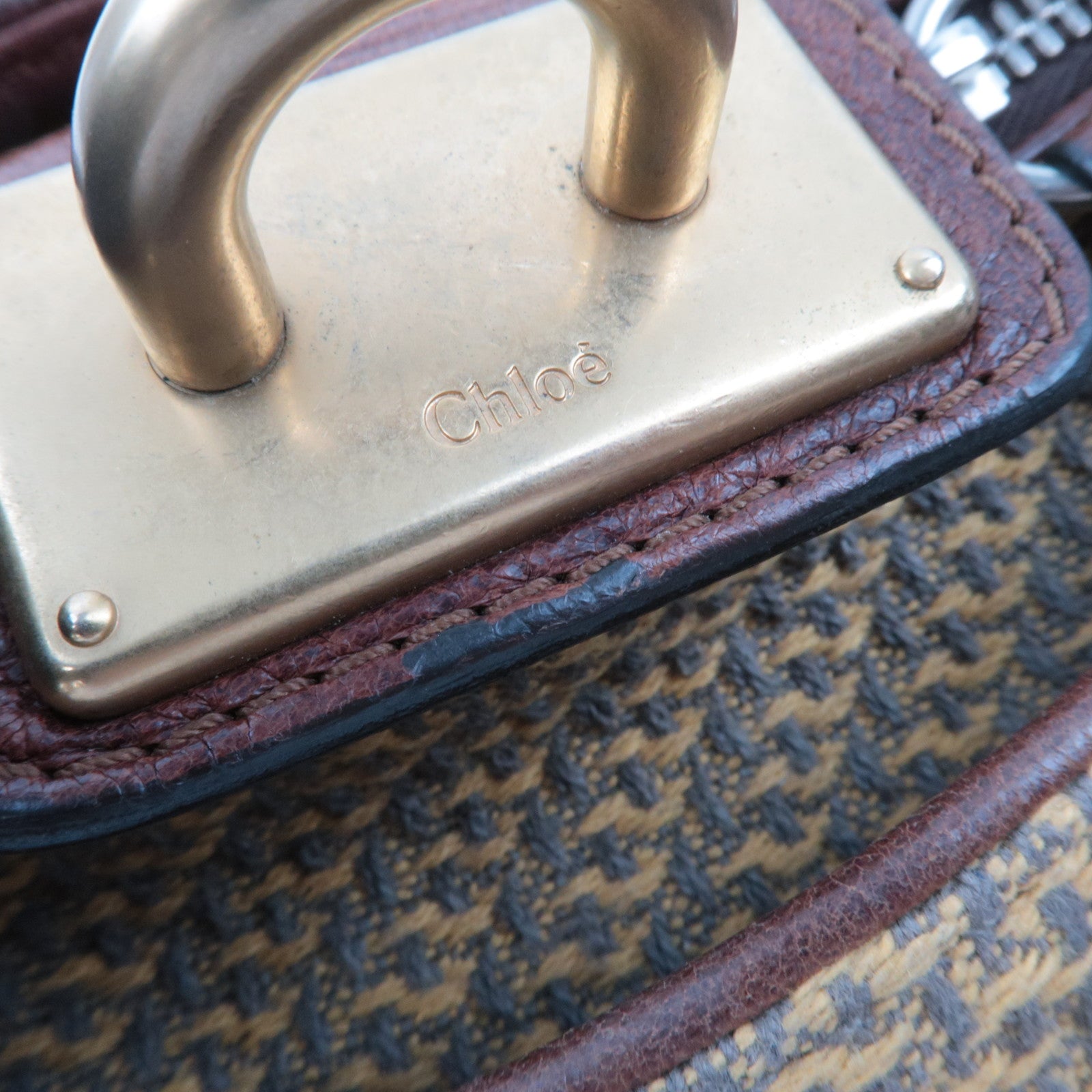 Chloe Paddington Handbag Canvas Leather Beige Gray Brown *Key Lock