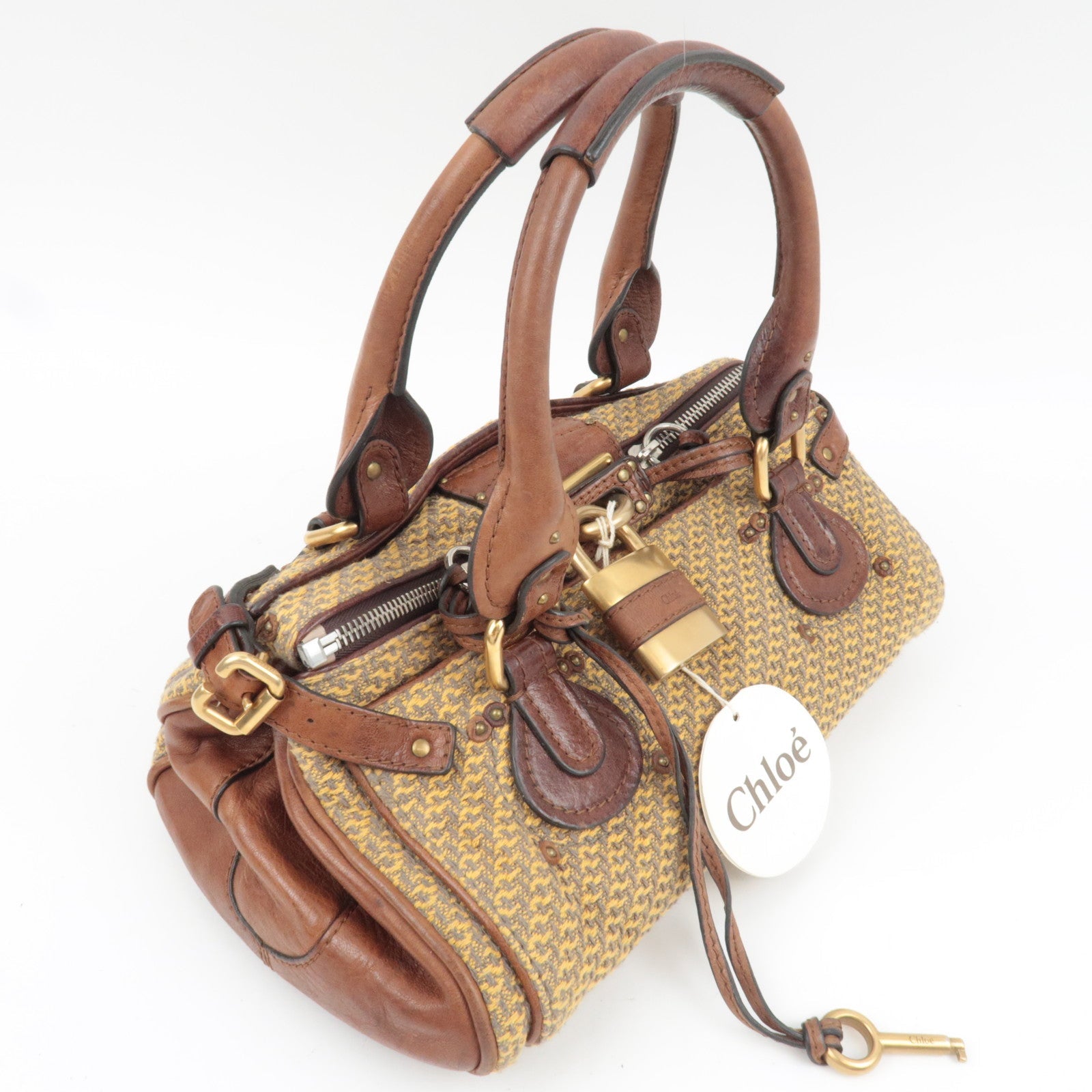 Chloe Paddington Handbag Canvas Leather Beige Gray Brown *Key Lock