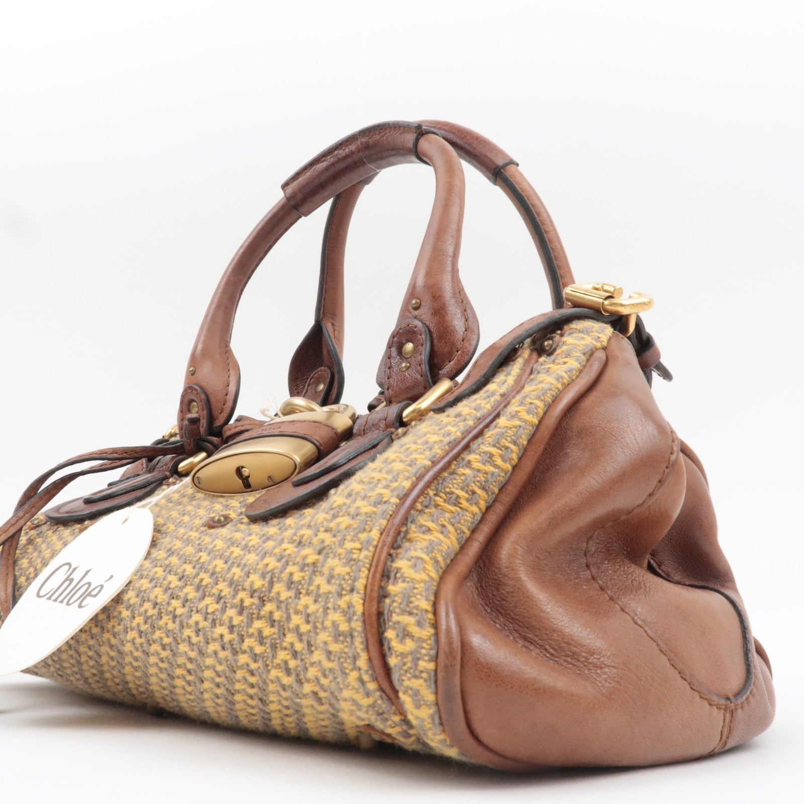 Chloe Paddington Handbag Canvas Leather Beige Gray Brown *Key Lock