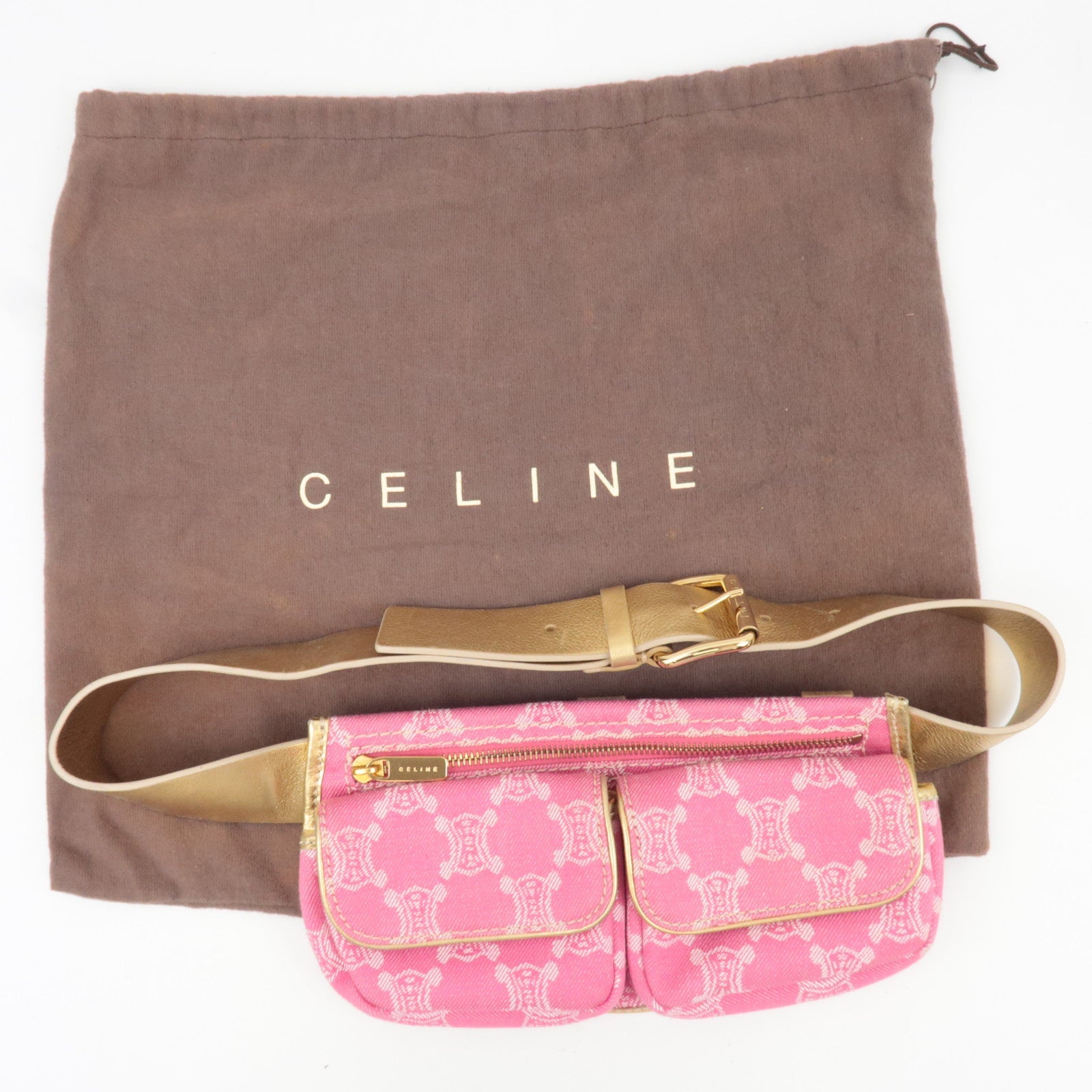 CELINE Paris Macadam Body Bag Canvas Leather Pink Gold *Dust bag