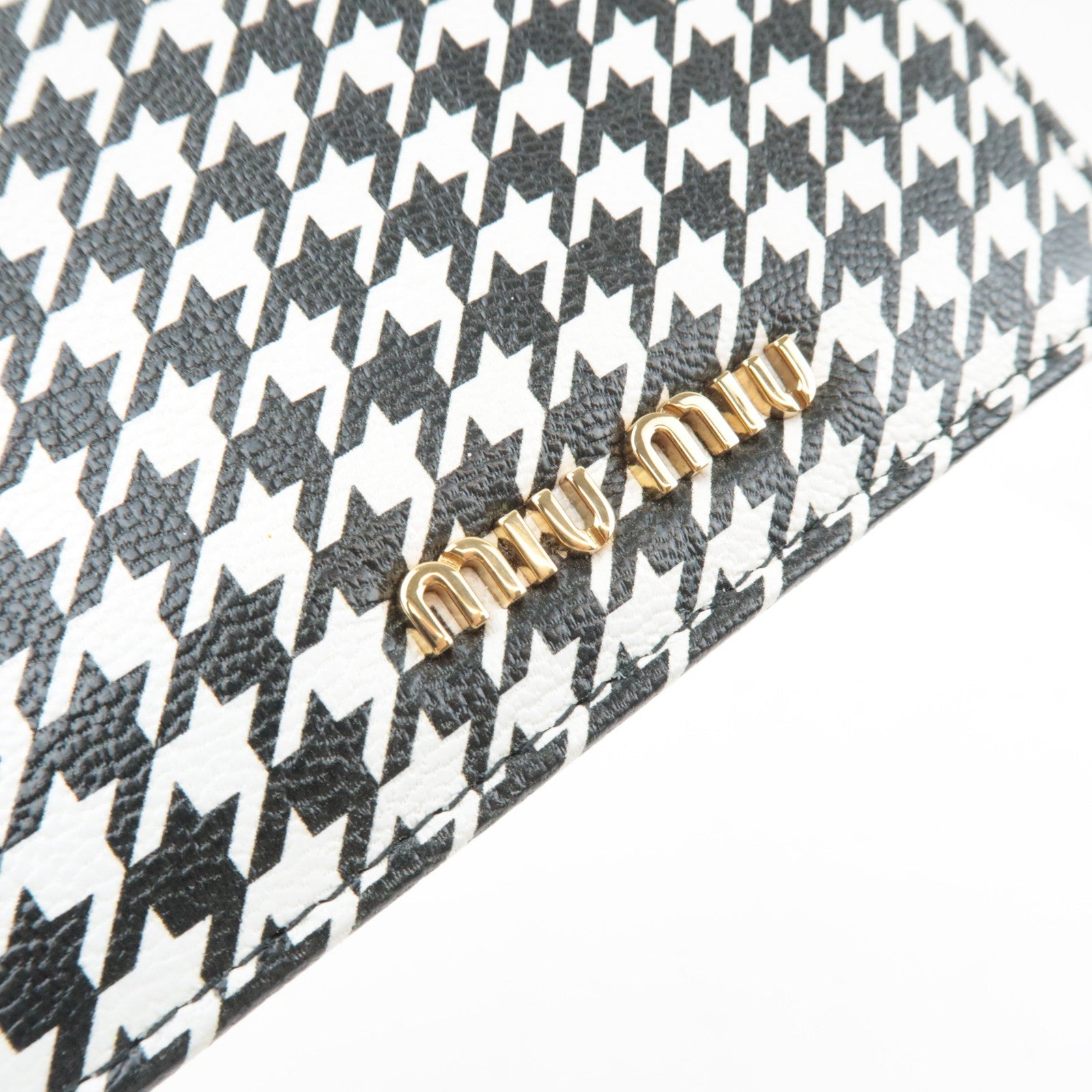 MIU MIU Houndstooth Bifold Wallet Leather Black White 5MV204 *Box