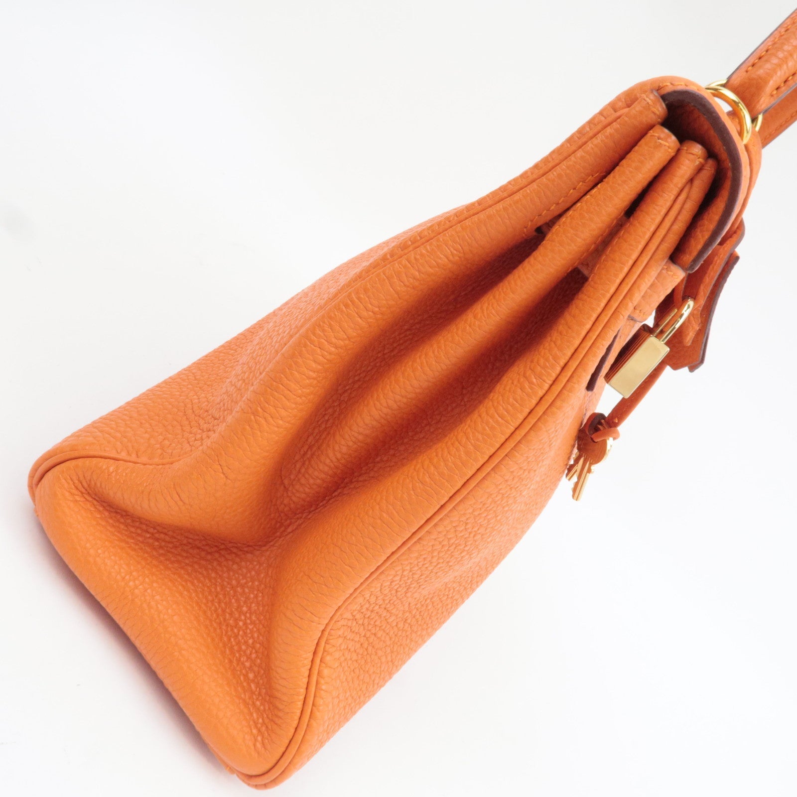 HERMES Kelly 32 Handbag H Stamp (2004) Taurillon Clemence Orange Gold HDW *Box, Dust bag, Strap, Key Lock, Clochette, Rain cover