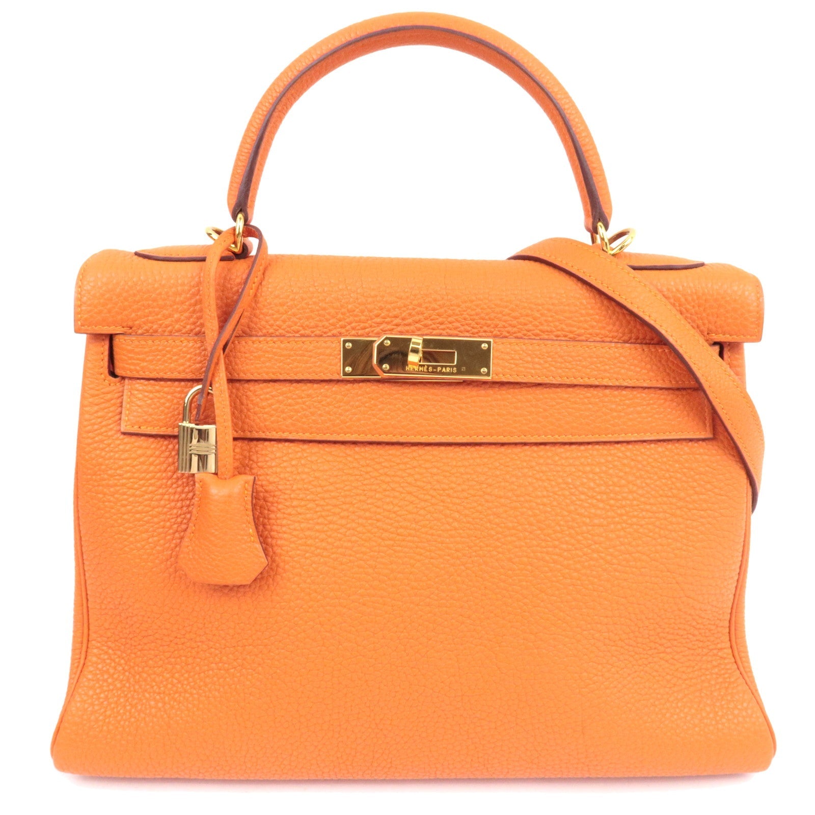 HERMES Kelly 32 Handbag H Stamp (2004) Taurillon Clemence Orange Gold HDW *Box, Dust bag, Strap, Key Lock, Clochette, Rain cover81603