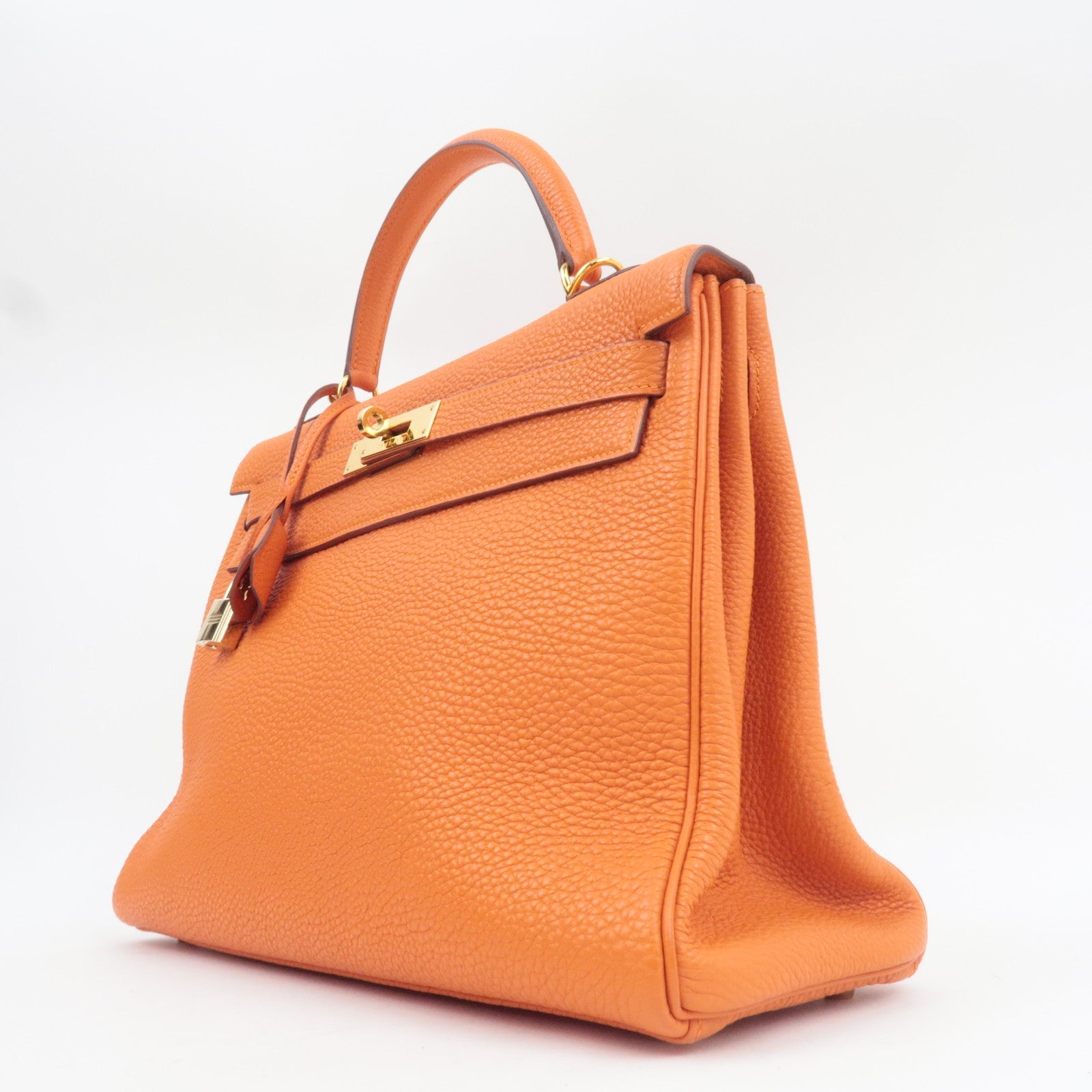 HERMES Kelly 32 Handbag H Stamp (2004) Taurillon Clemence Orange Gold HDW *Box, Dust bag, Strap, Key Lock, Clochette, Rain cover