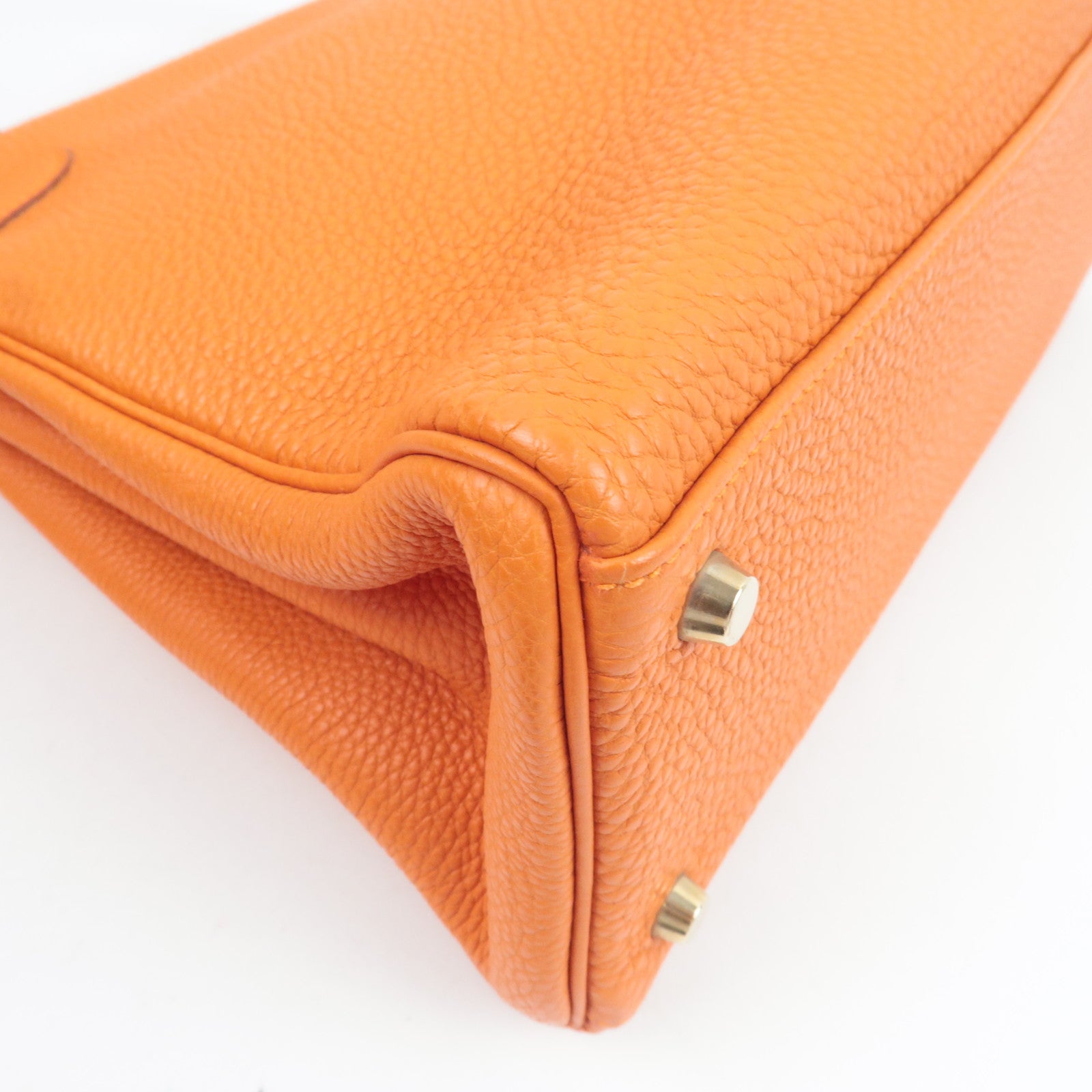 HERMES Kelly 32 Handbag H Stamp (2004) Taurillon Clemence Orange Gold HDW *Box, Dust bag, Strap, Key Lock, Clochette, Rain cover